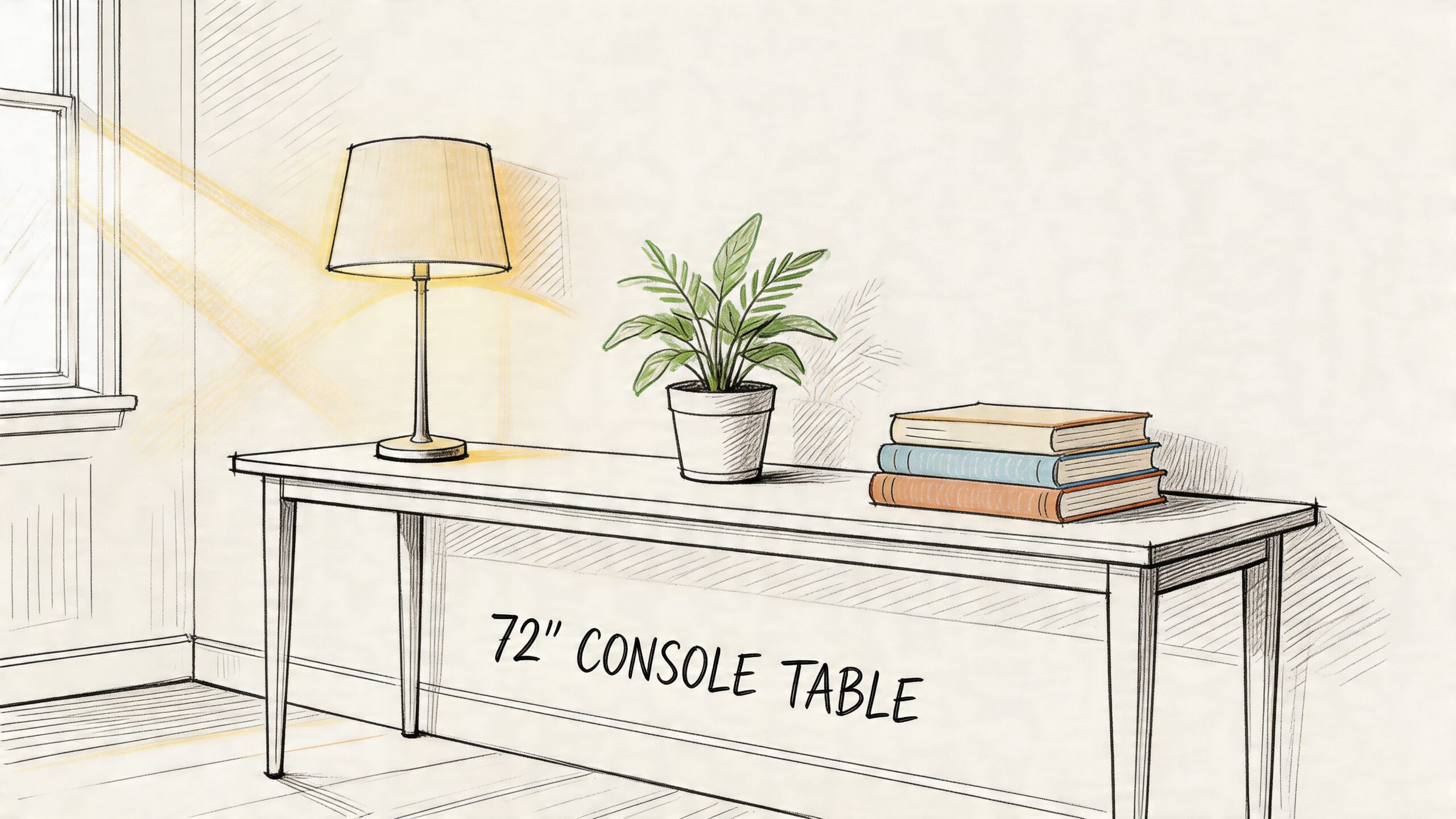 A pencil sketch of a 72-inch console table featuring a lamp, a potted plant, and stacked books.