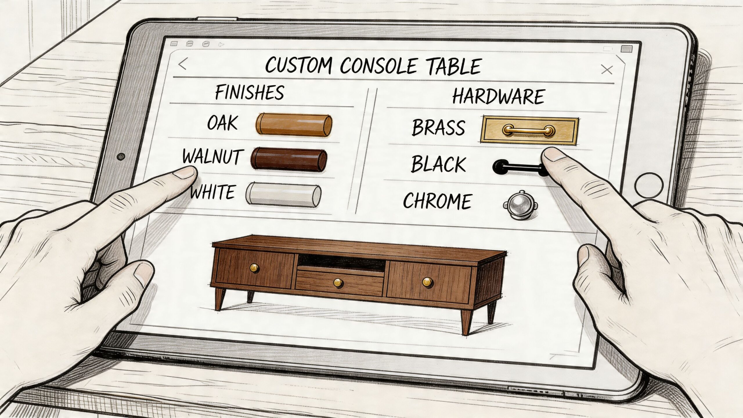 A digital tablet screen displaying a custom console table design tool with finish and hardware options.