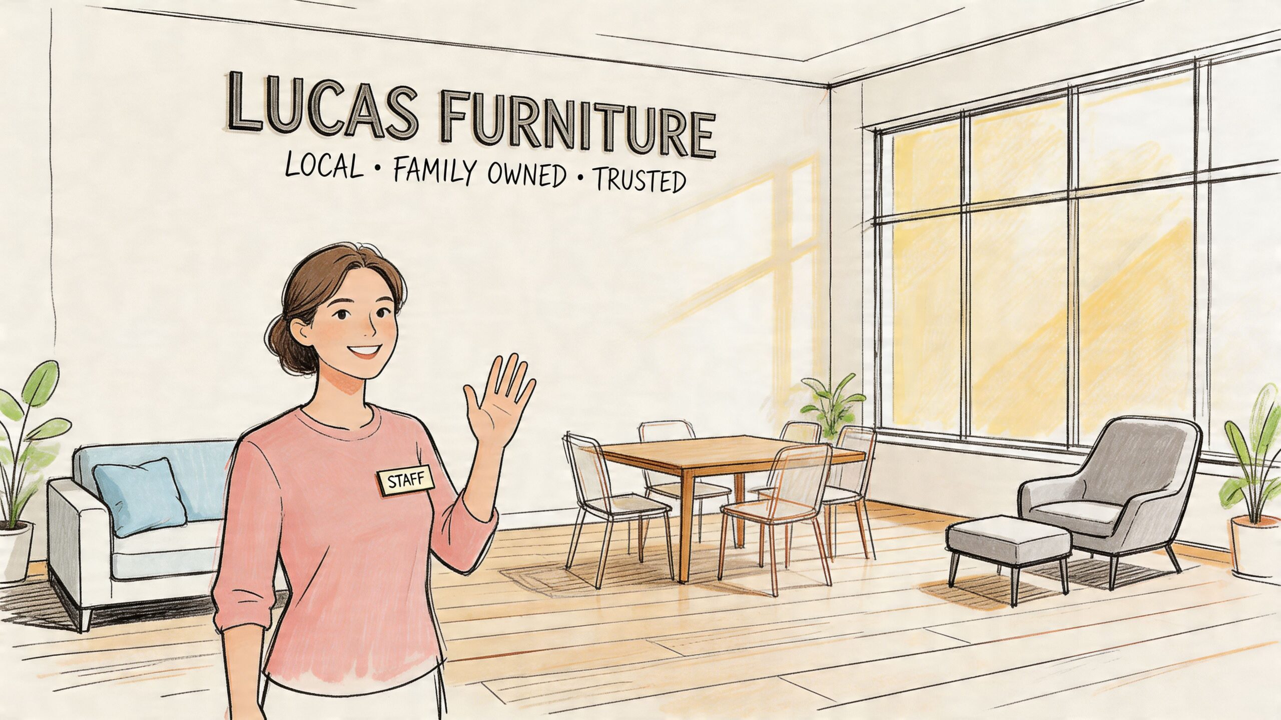 A friendly furniture store employee greeting customers inside a bright, modern showroom at Lucas Furniture.