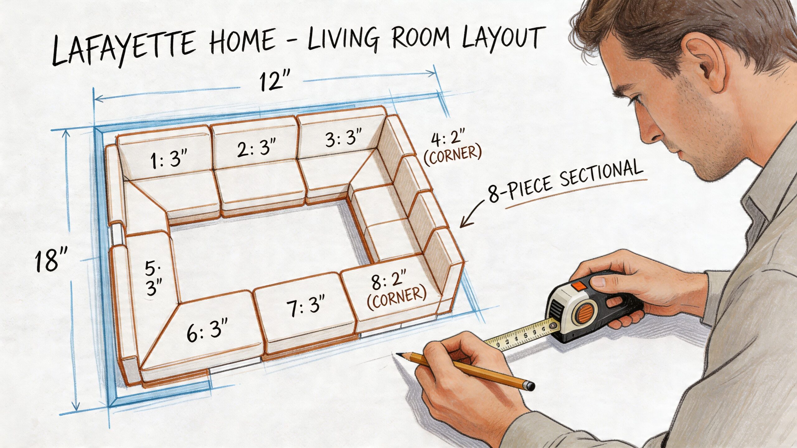 An artist drawing a detailed blueprint of an eight-piece sectional sofa layout on a large white paper.