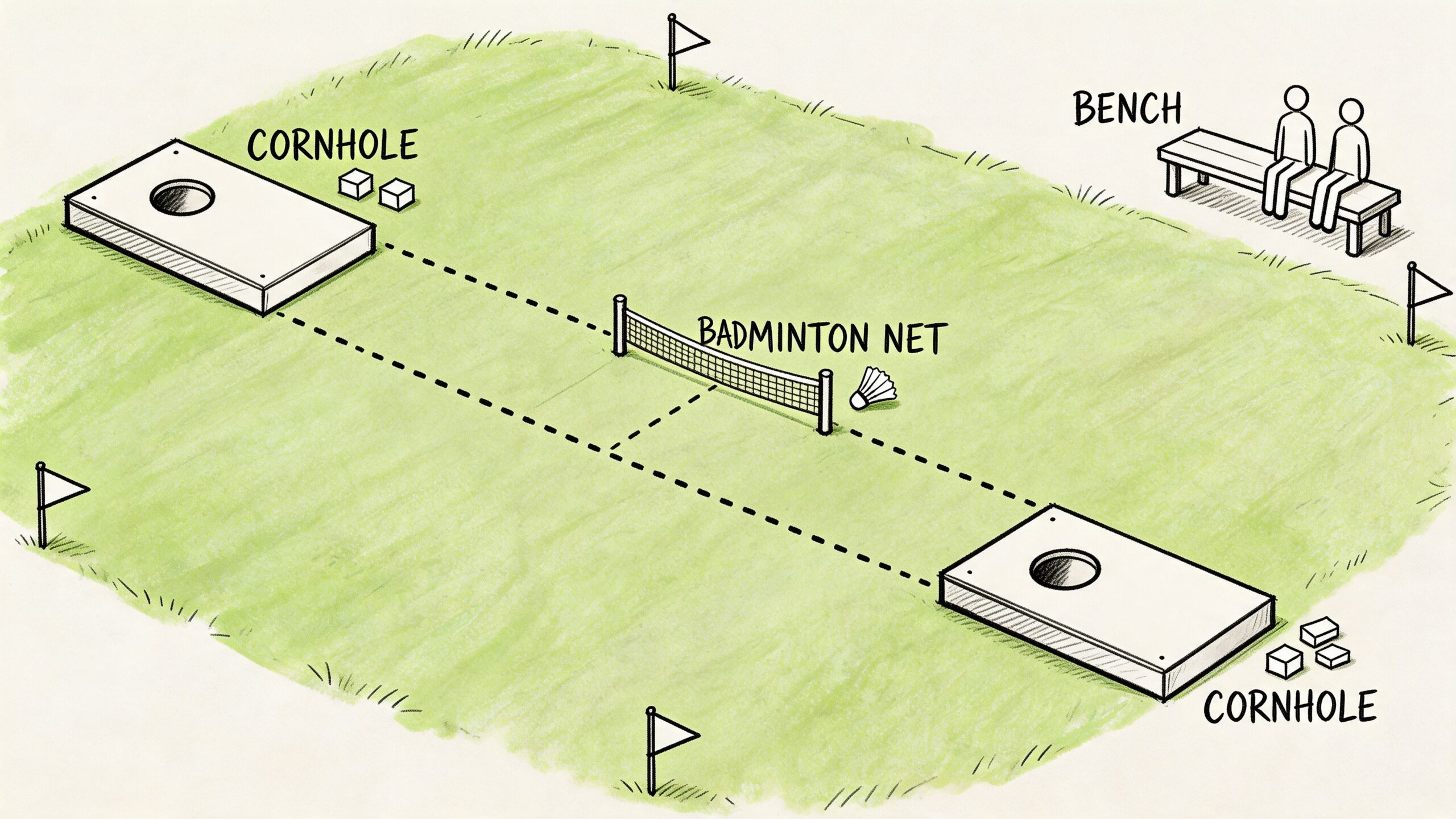 A hand-drawn illustration of a backyard scene featuring a badminton net and two cornhole boards.