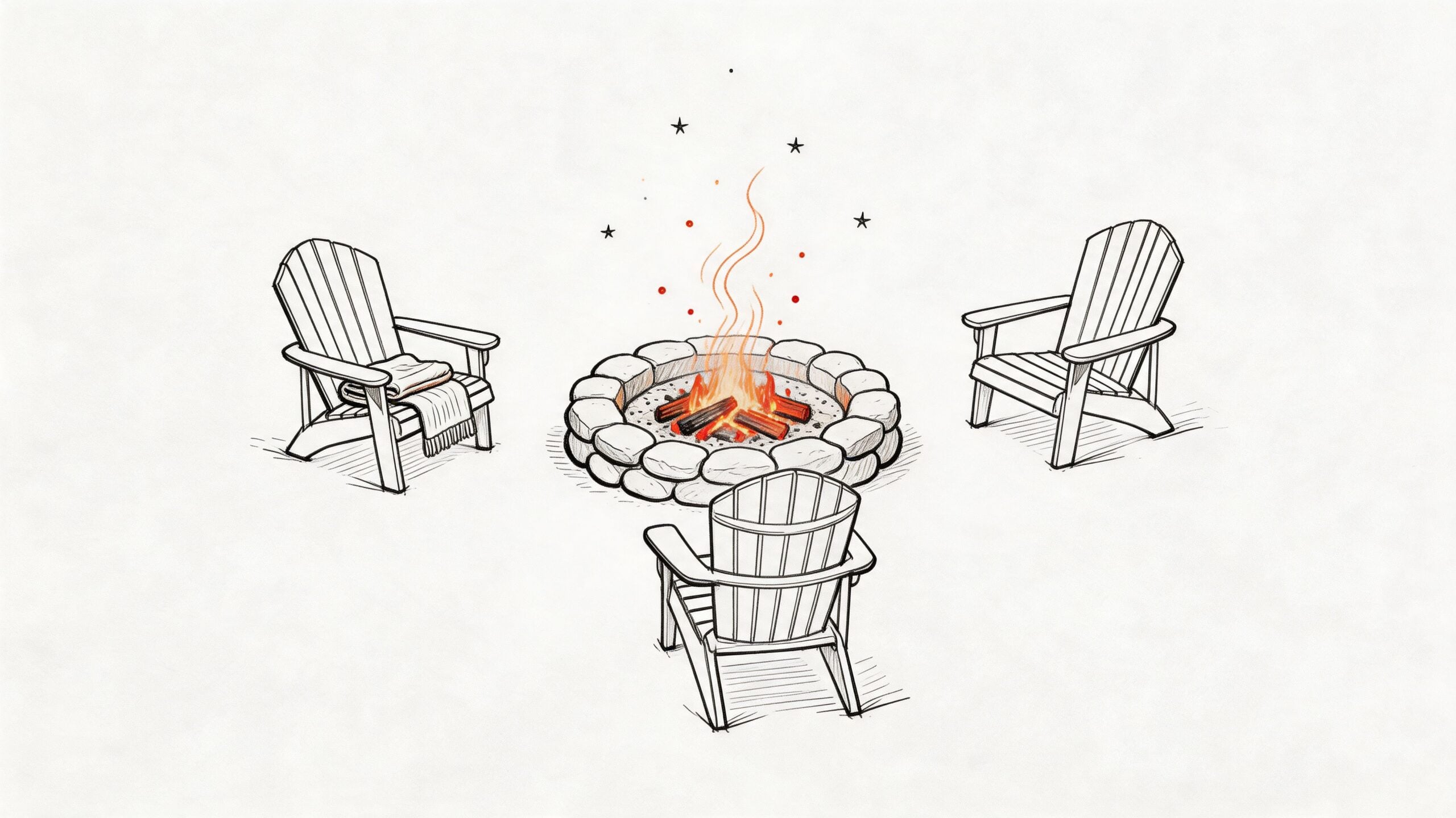 A line drawing illustration of three Adirondack chairs arranged around a small, cozy stone fire pit.