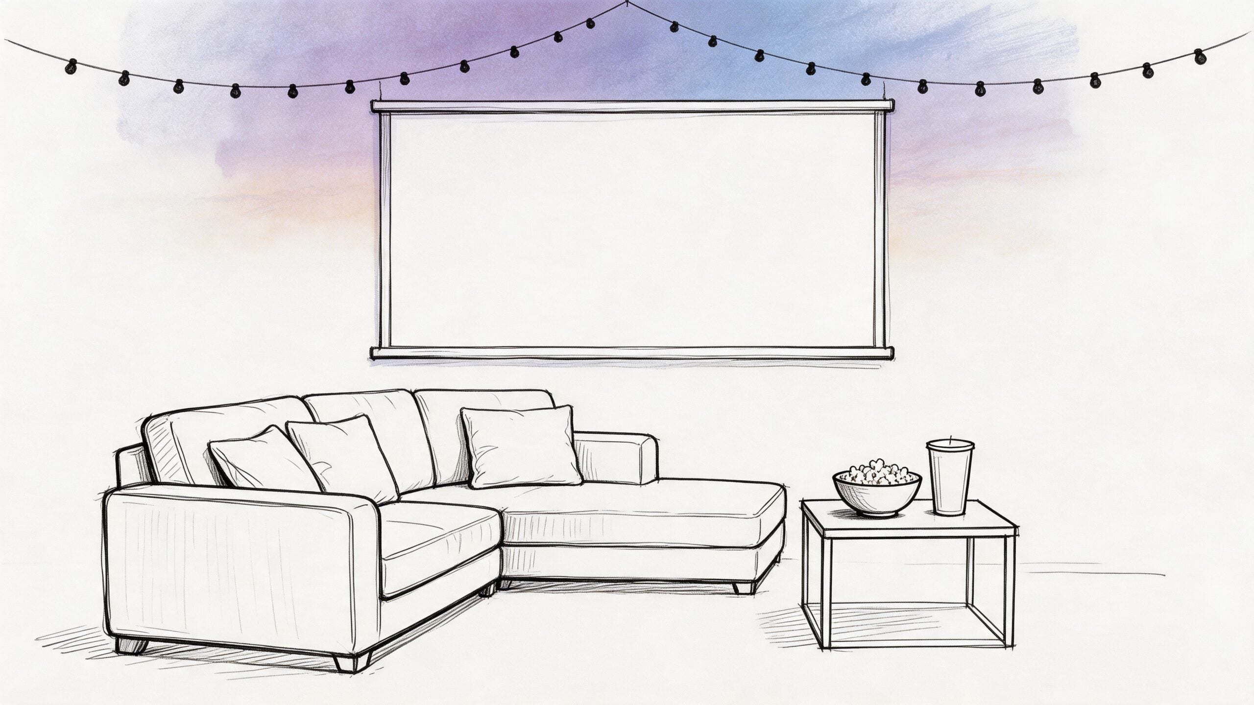 A hand-drawn sketch of a cozy home theater setup with a comfortable sofa, popcorn, and projector screen.