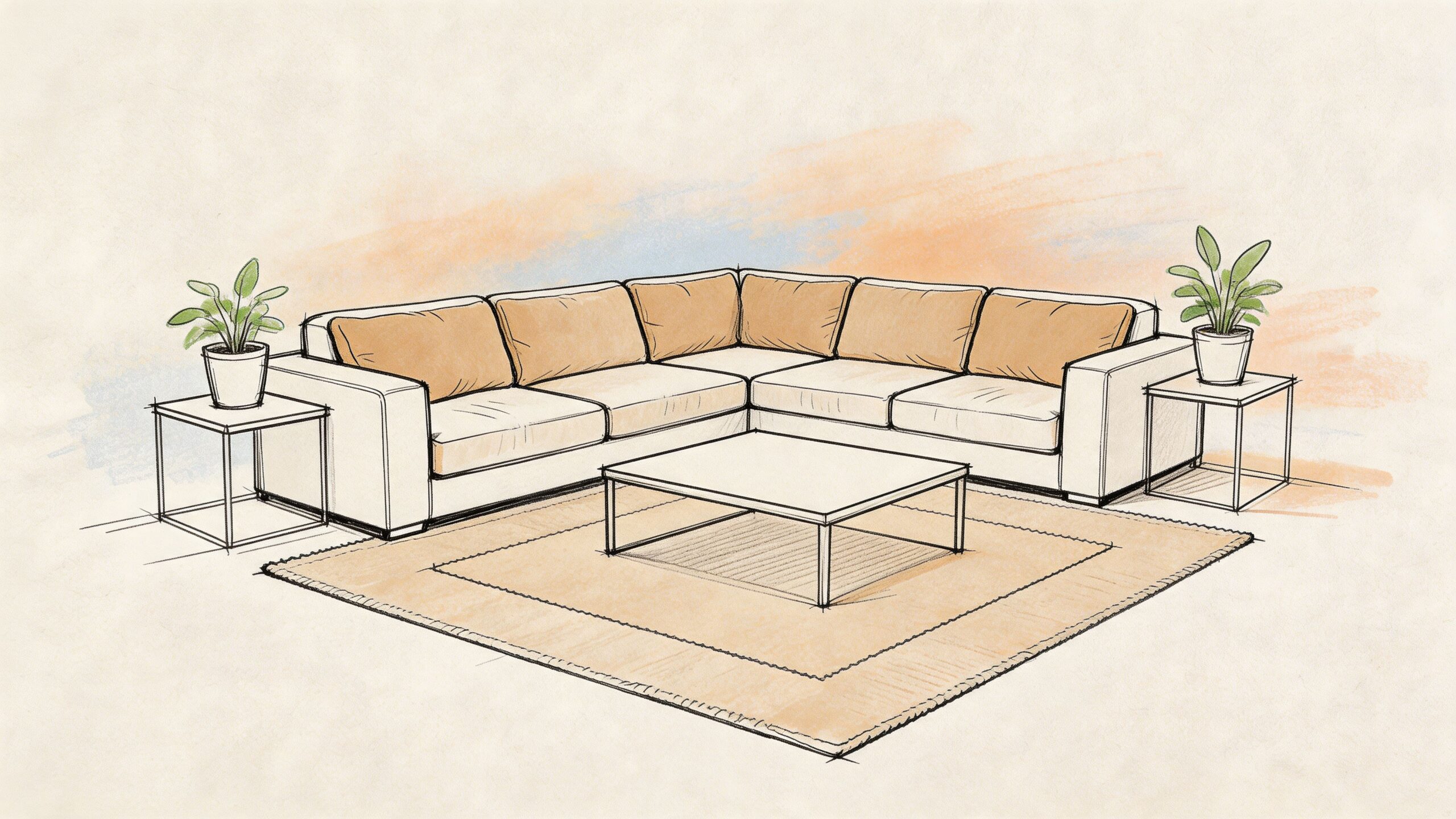 A digital sketch of a cozy living room seating area with a sofa, rug, and potted plants.