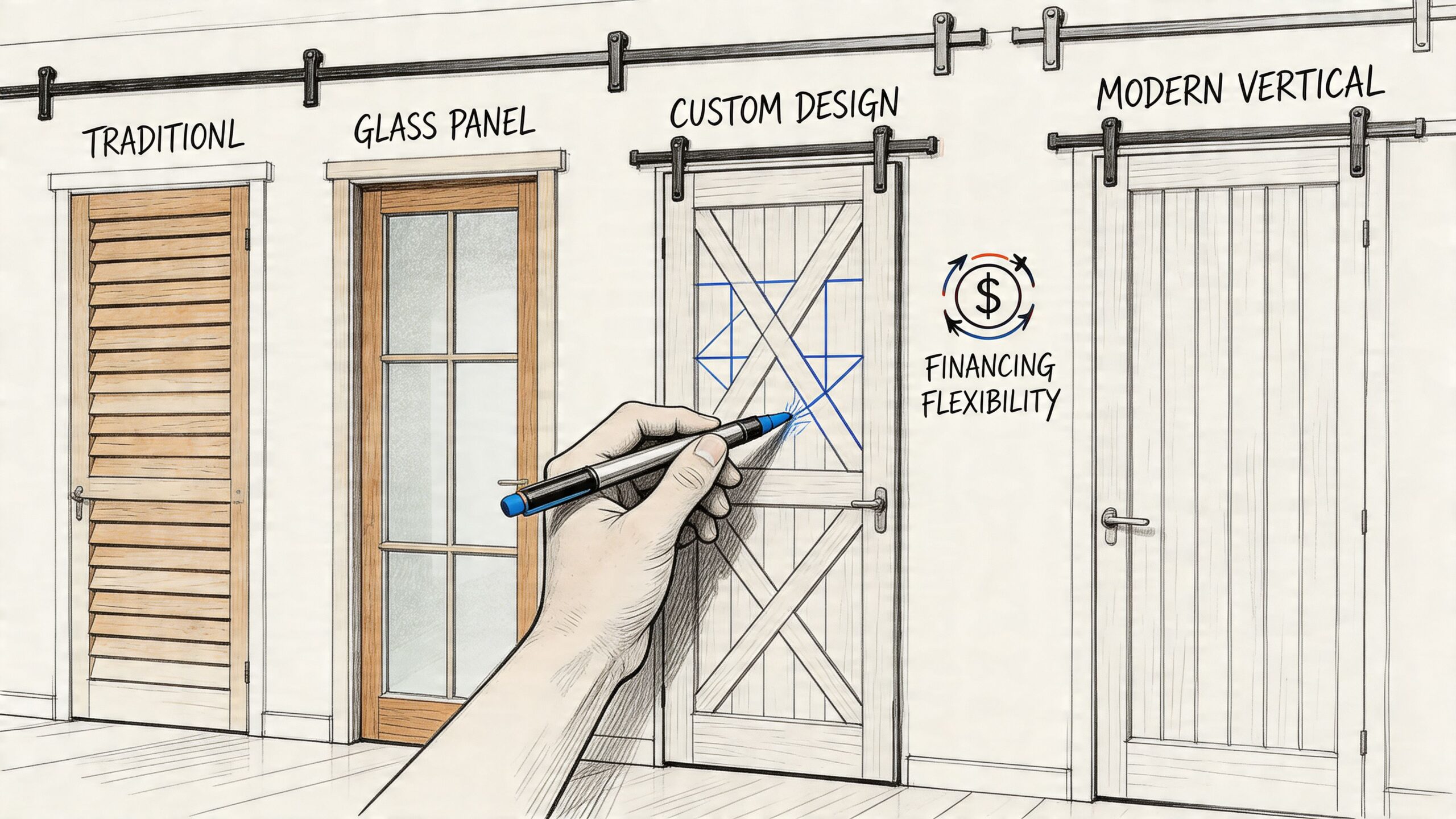 A hand sketching a custom barn door design on a wall display showing various room divider options.