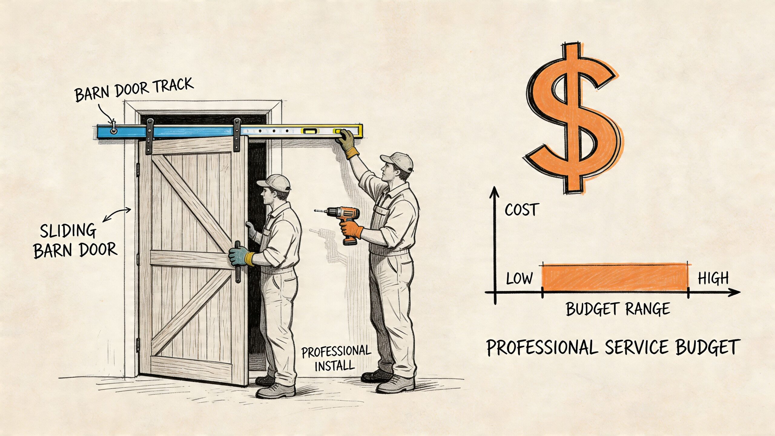 Two professionals installing a sliding barn door with tools, accompanied by a cost budget graph.