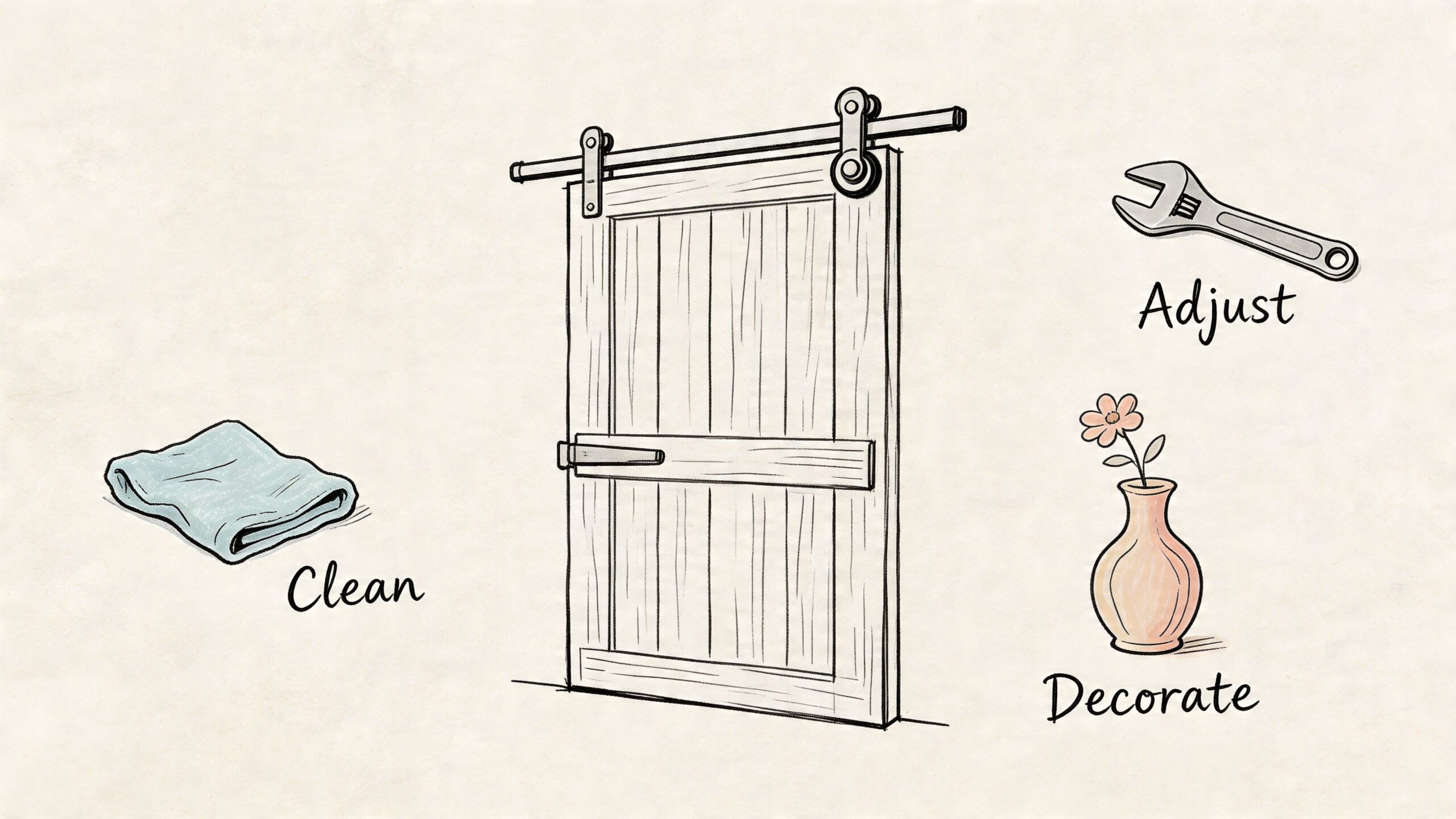 An illustration showing three steps for barn door maintenance: cleaning with a cloth, adjusting with a wrench, and decorating with a flower vase.
