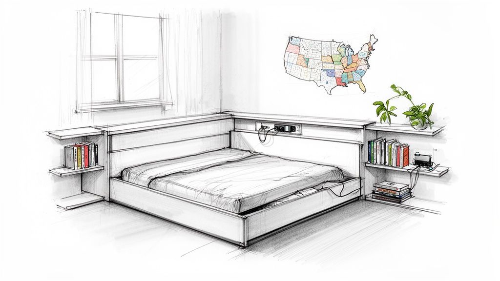 Detailed sketch of a modern bed with integrated storage headboard, shelves, books, and wall map.