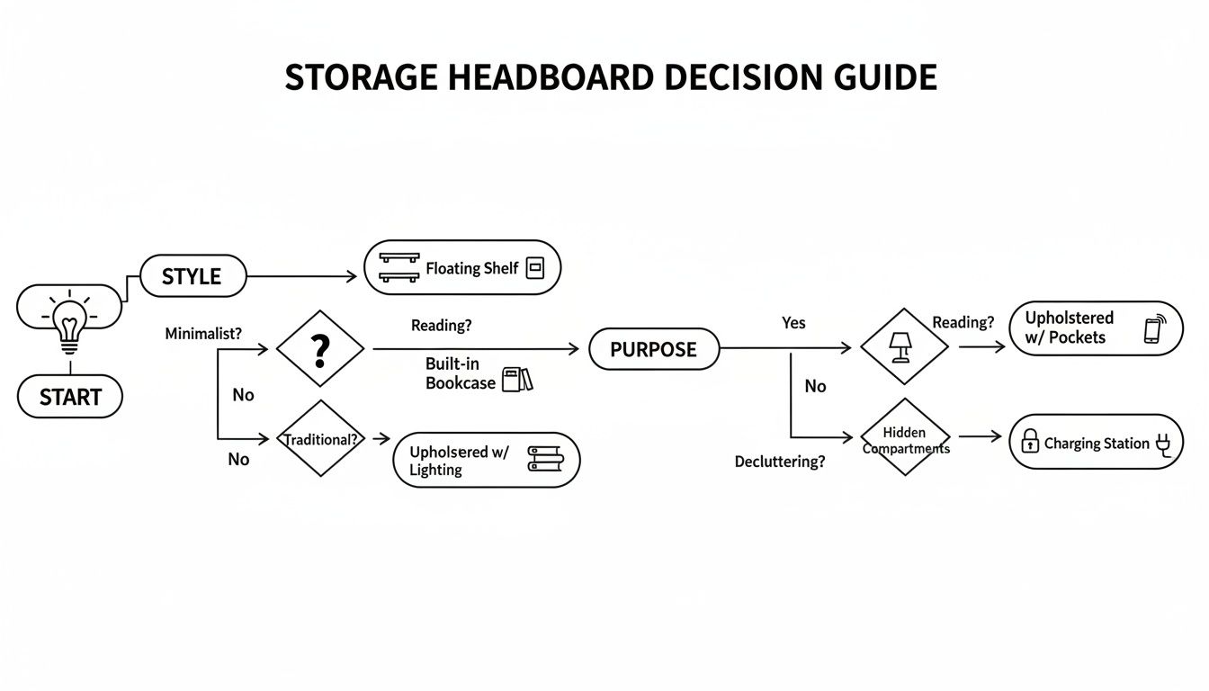 Decision guide flowchart helps choose a storage headboard based on style, purpose, reading, or decluttering needs.