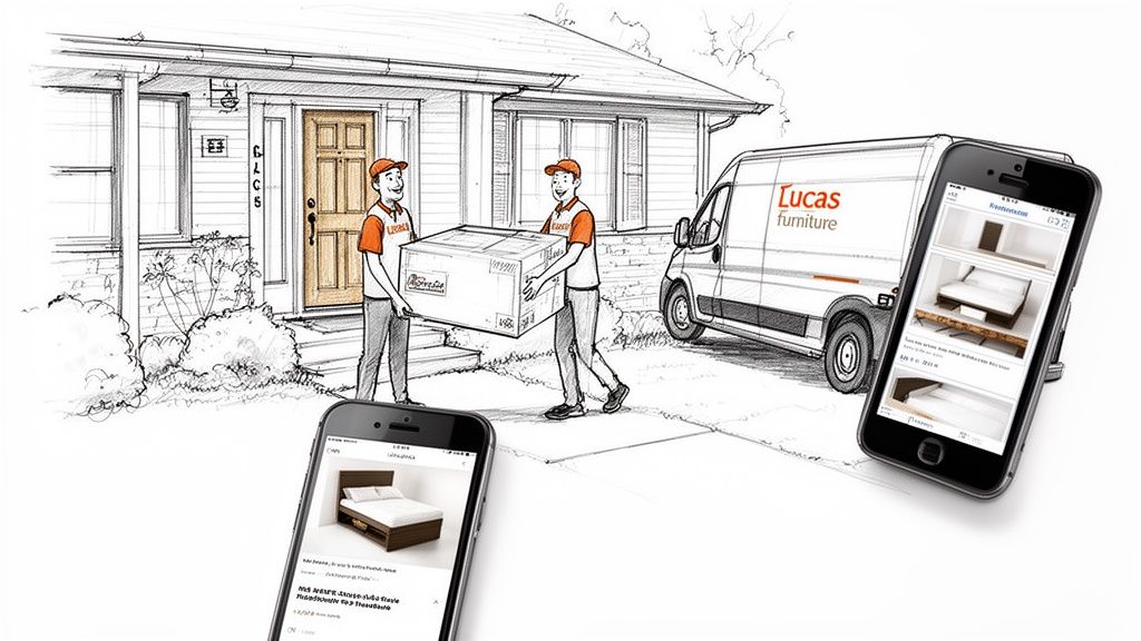 Two Lucas furniture delivery men carry a large box towards a house, with smartphones showing furniture.