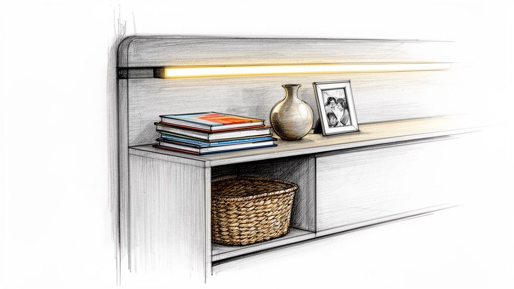 Detailed pencil sketch of a modern headboard with integrated light, stacked books, a decorative vase, a framed photo, and a wicker basket.