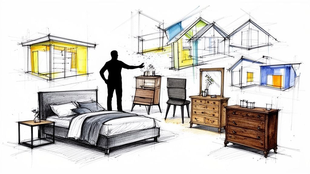 A hand-drawn sketch illustrating a modern bedroom interior design with furniture pieces and architectural house structure outlines.