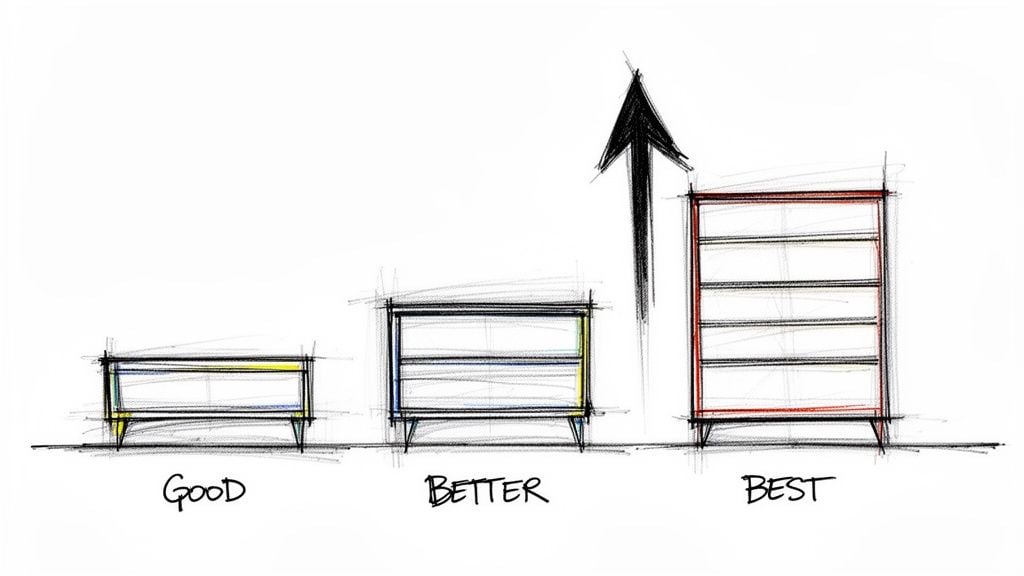 A pencil sketch comparison showing three furniture pieces labeled Good, Better, and Best as height increases.