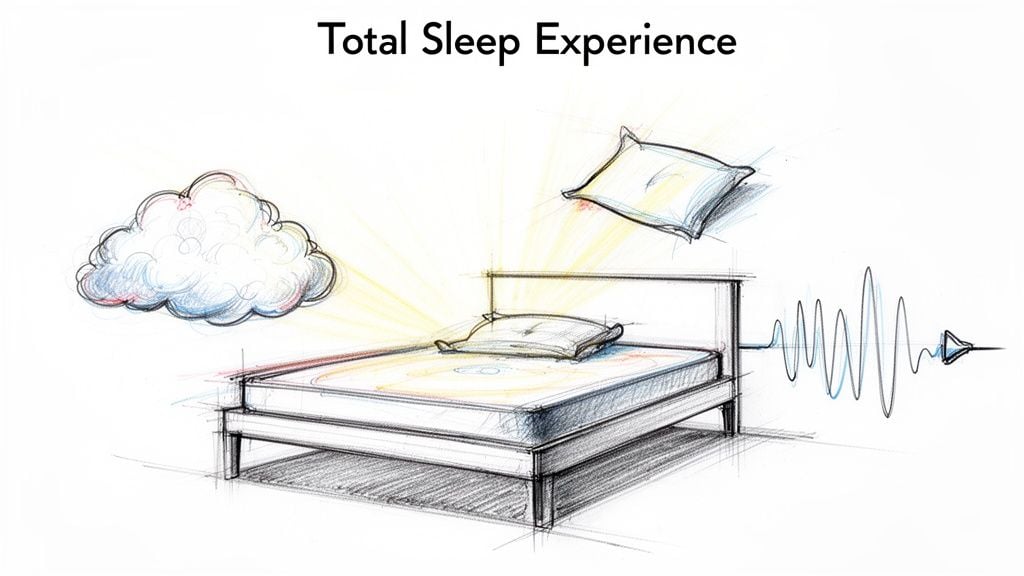A pencil sketch of a bed with a floating pillow and a cloud emitting light rays.