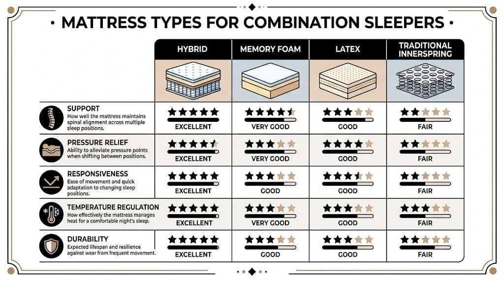A comparison chart showing performance ratings for hybrid, memory foam, latex, and innerspring mattresses for combination sleepers.