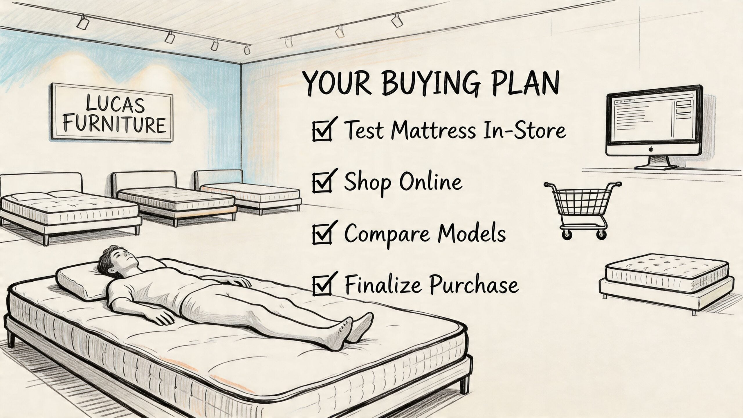 An illustrated guide for a furniture buying plan featuring a man testing a mattress in a store.