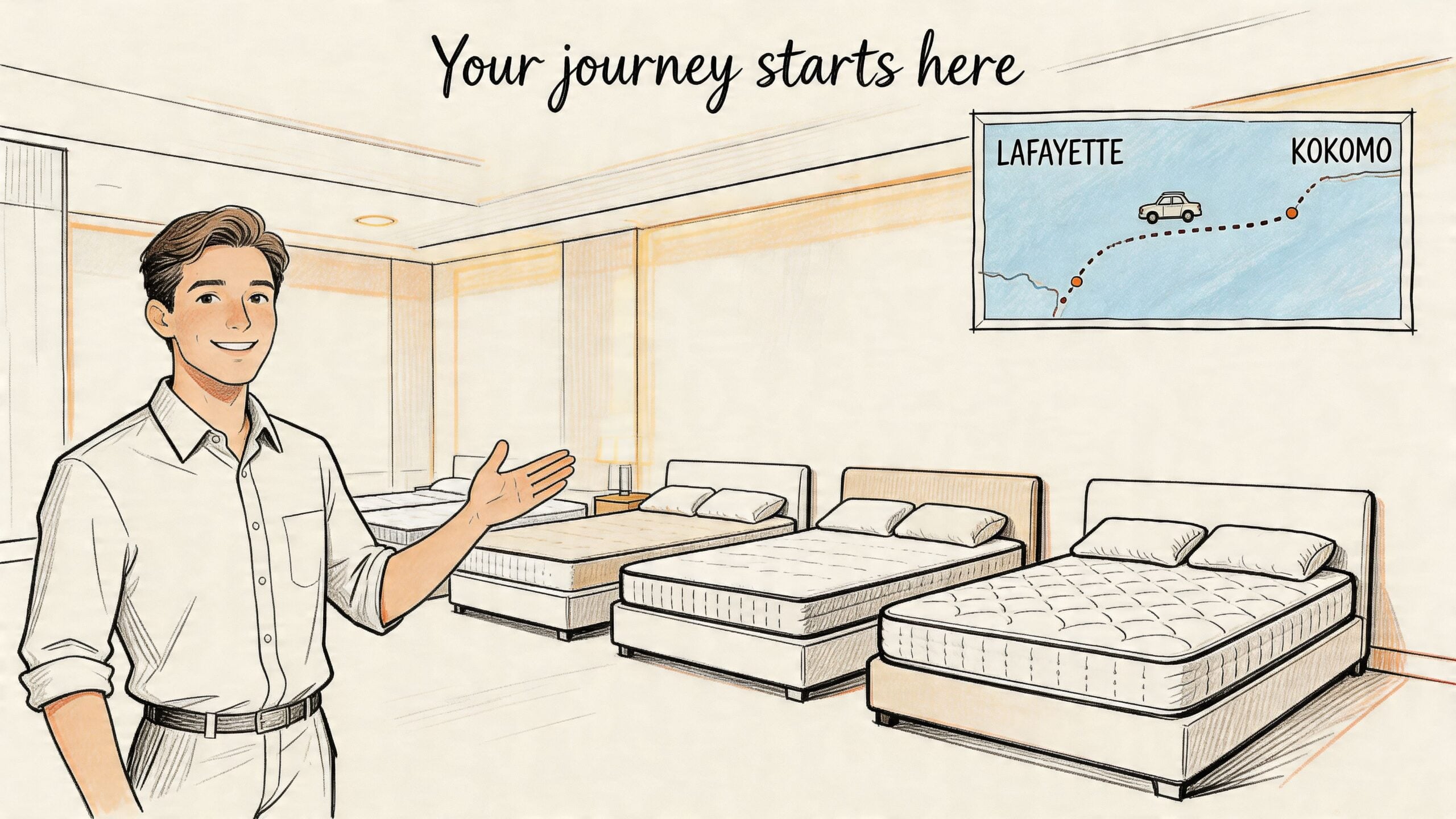 A friendly salesman gesturing towards several comfortable mattresses displayed in a clean, modern furniture store showroom.