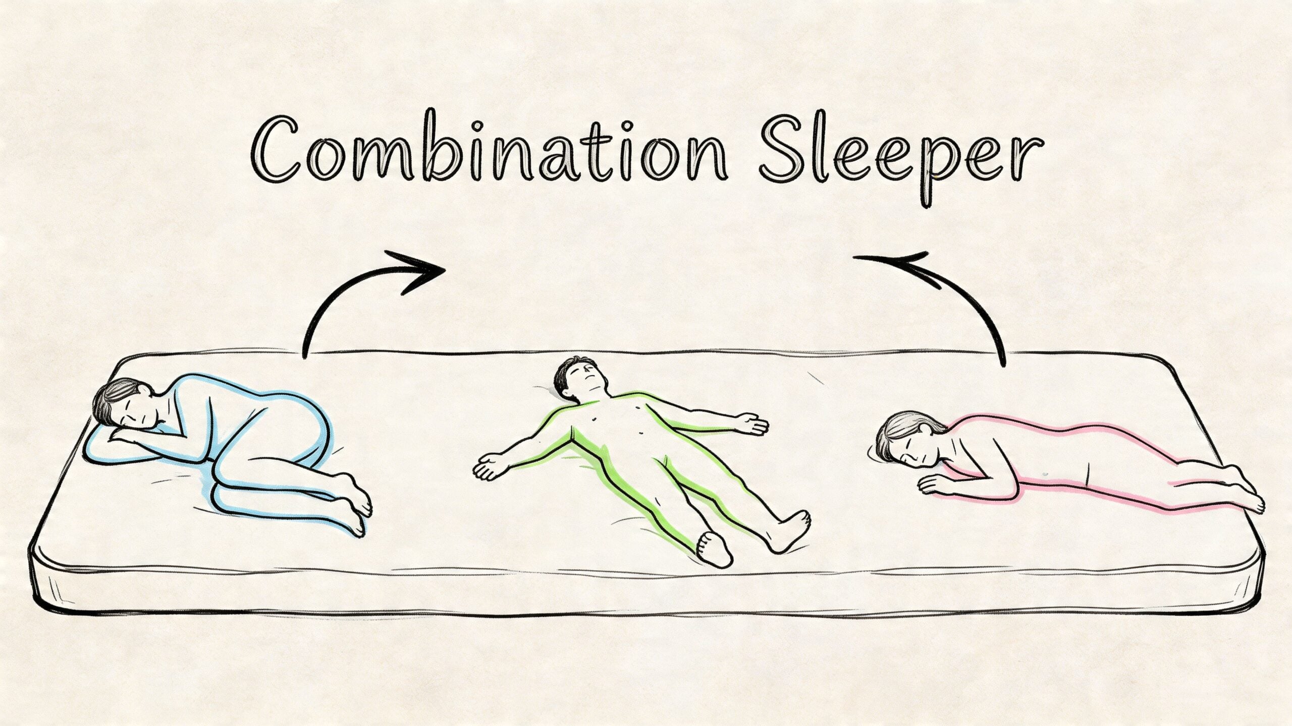 A line drawing showing a person switching between side, back, and stomach sleeping positions on a mattress.