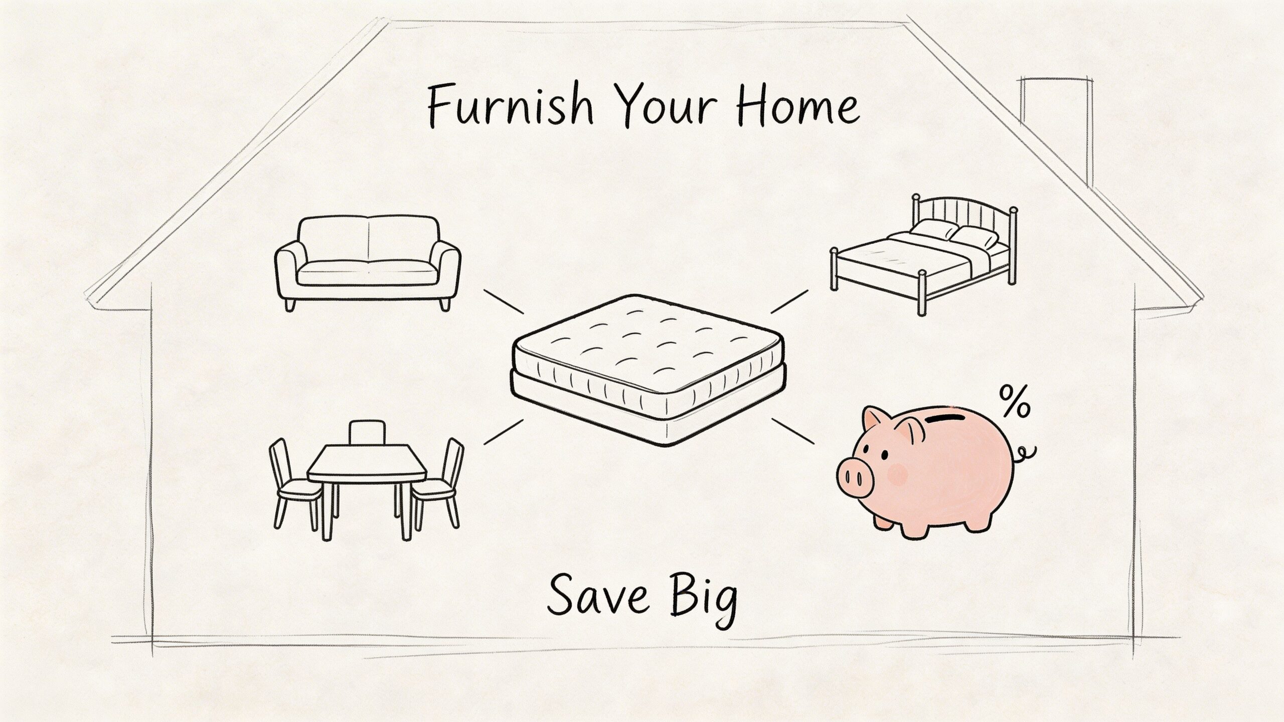 A hand-drawn sketch of home furniture including a sofa, bed, table, and piggy bank for savings.