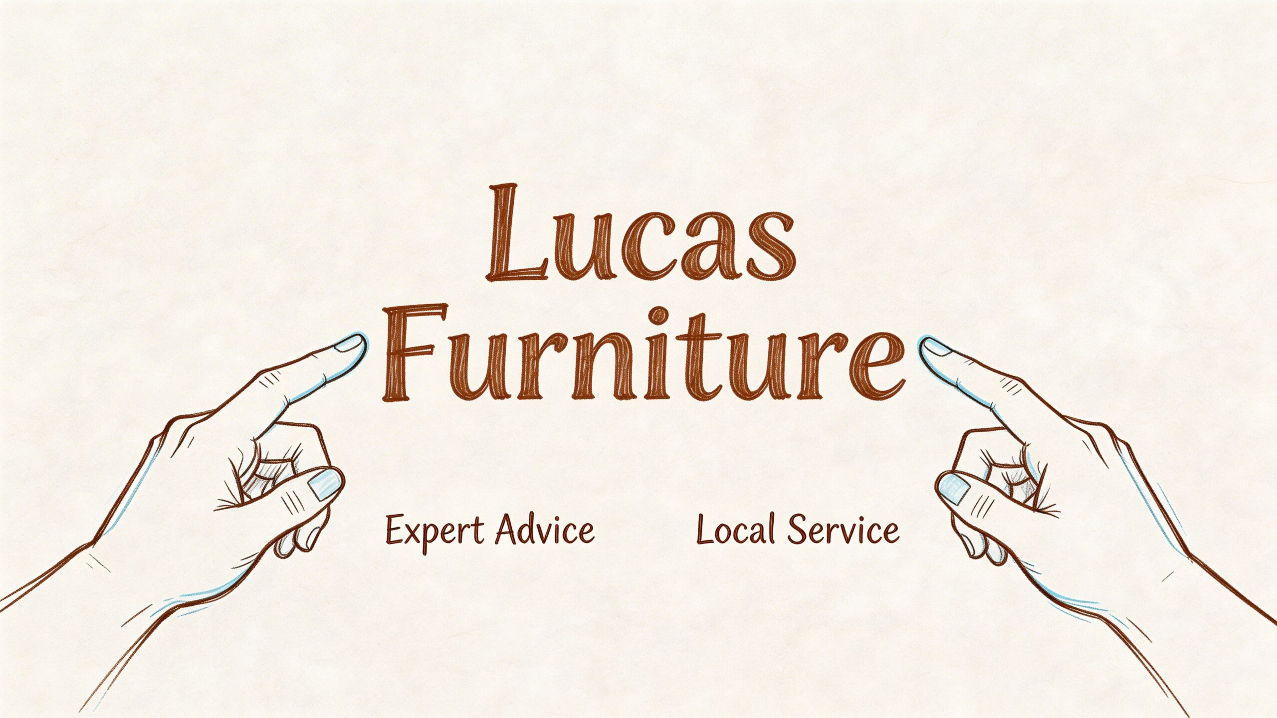 A hand-drawn style illustration featuring the text Lucas Furniture flanked by two pointing hands, with phrases for expert advice and local service.