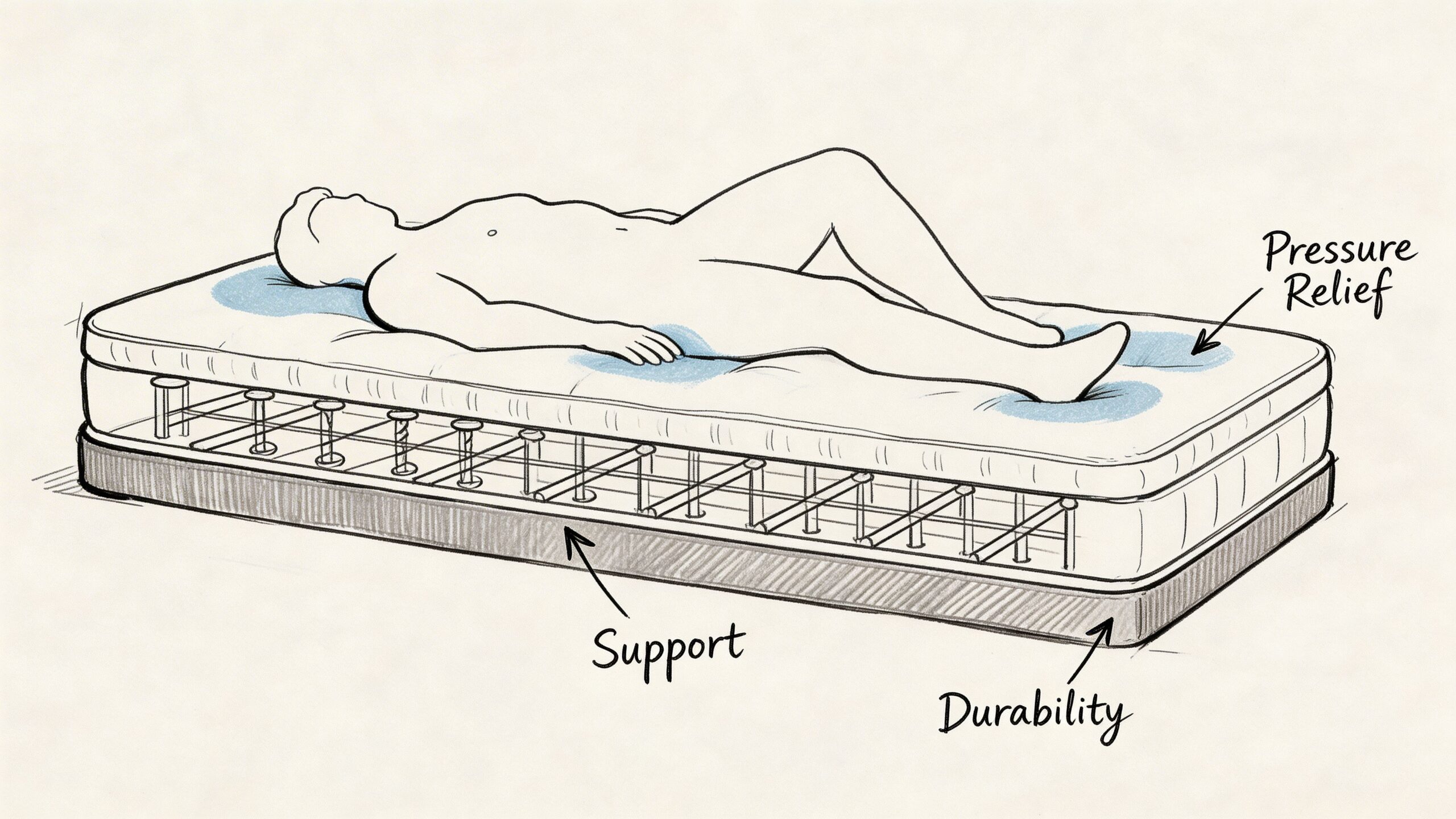 A diagram of a person lying on a mattress highlighting support, pressure relief, and long-term durability.