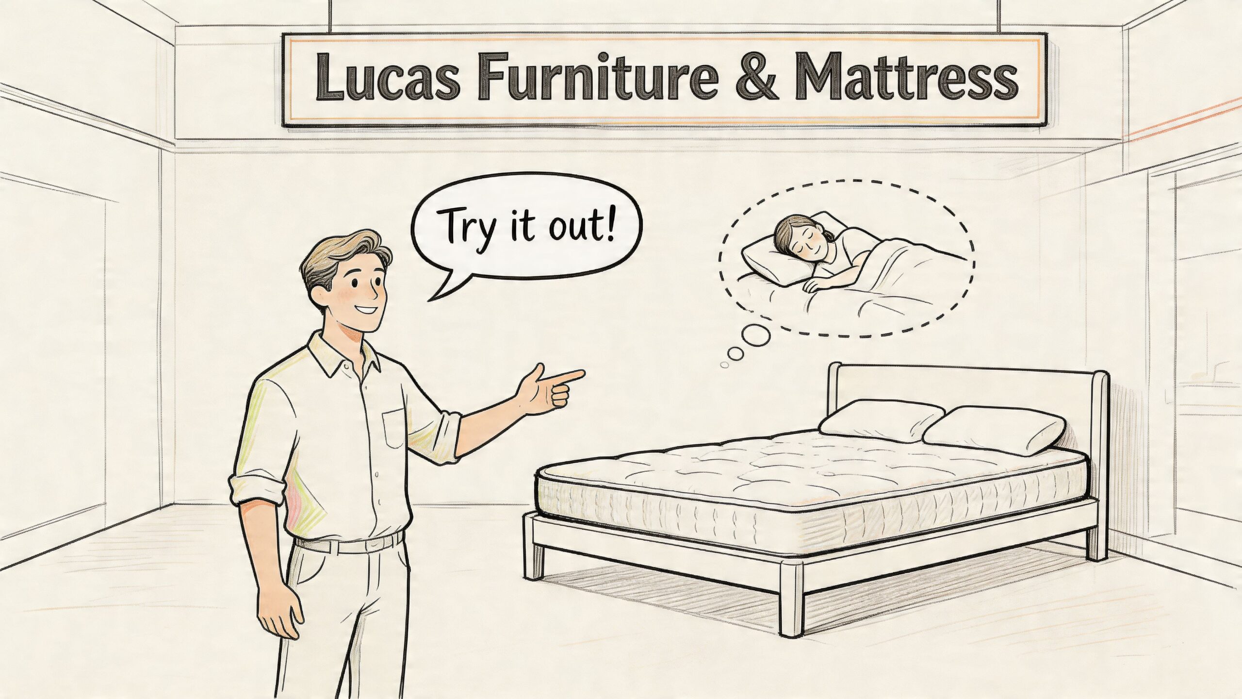 A friendly furniture store salesman pointing at a comfortable bed, encouraging customers to test it out.