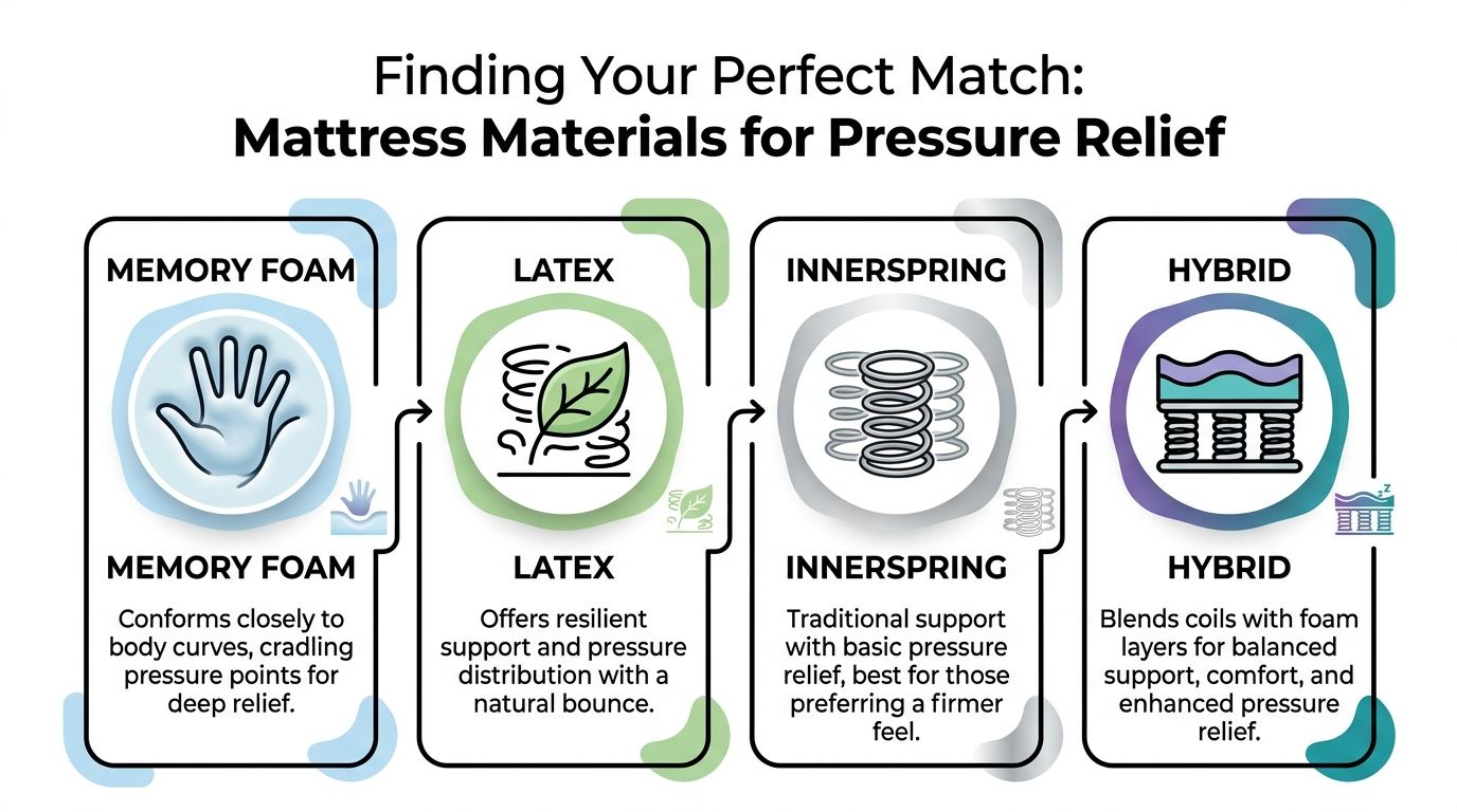 A comparison chart of four common mattress materials used for pressure relief including memory foam, latex, innerspring, and hybrid.