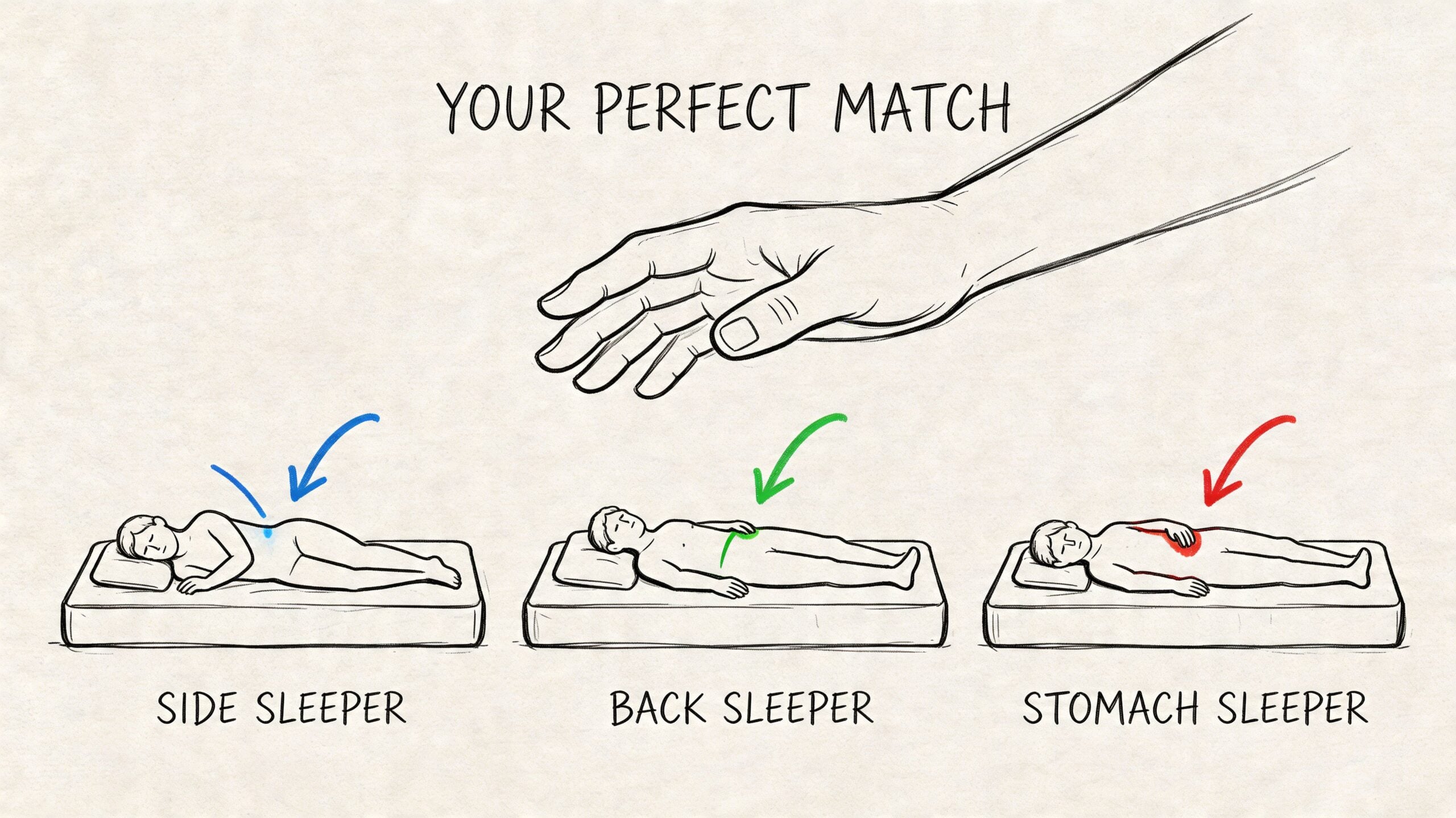 A diagram illustrating different sleeping positions including side, back, and stomach sleepers with their pressure points indicated.