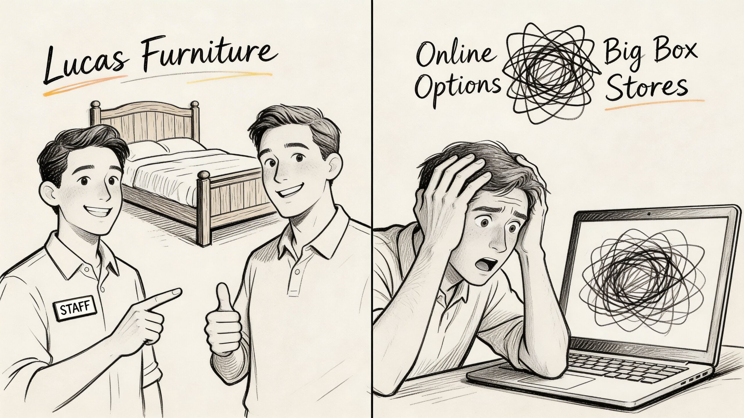 A split image comparing the stress-free experience at Lucas Furniture versus the overwhelming confusion of online shopping.