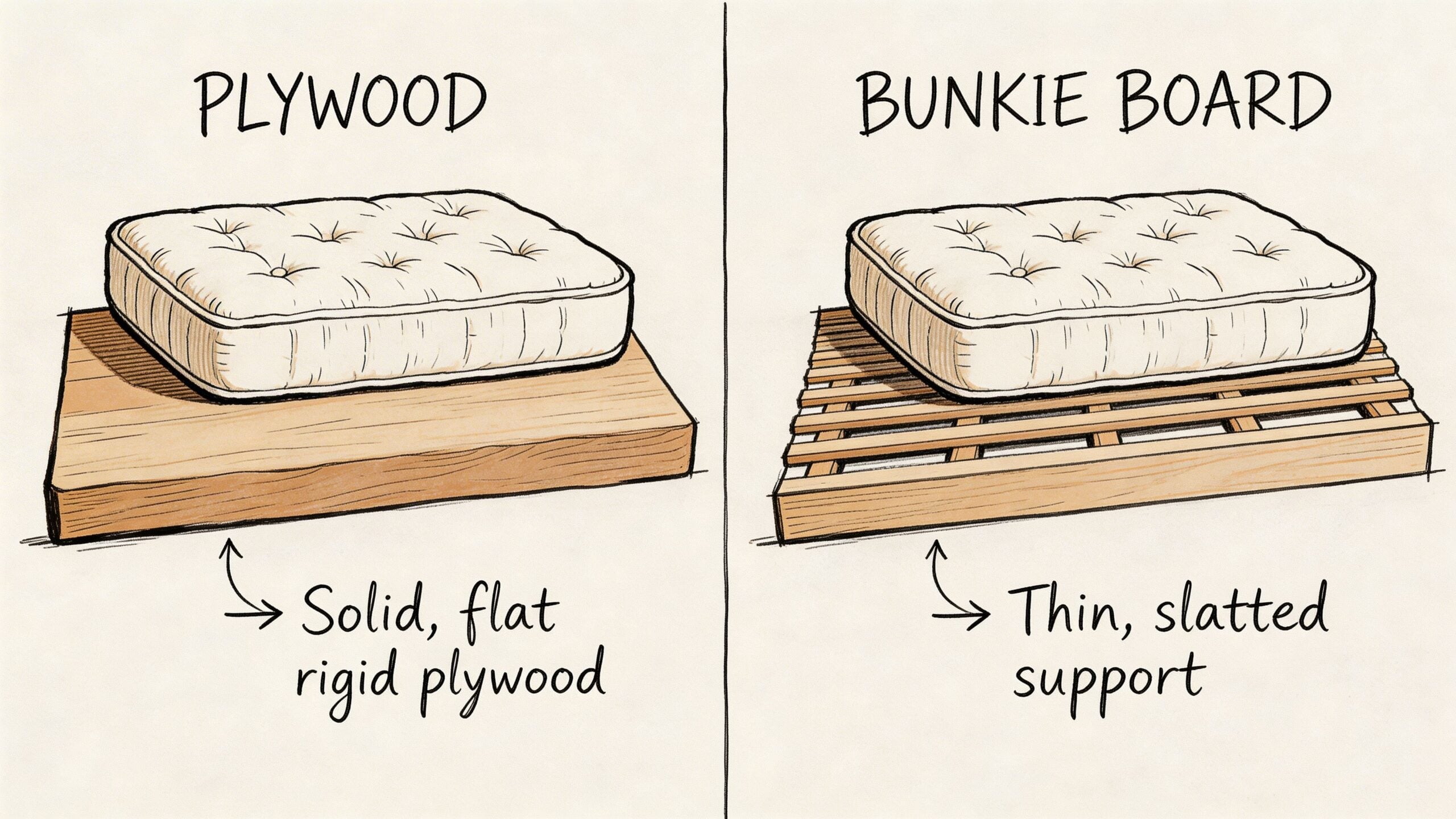 A diagram comparing a solid flat plywood sheet and a thin slatted bunkie board mattress support system.