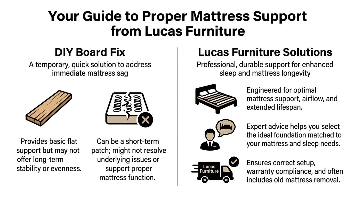 A comparison graphic showing a temporary DIY board fix versus professional mattress support solutions from Lucas Furniture.