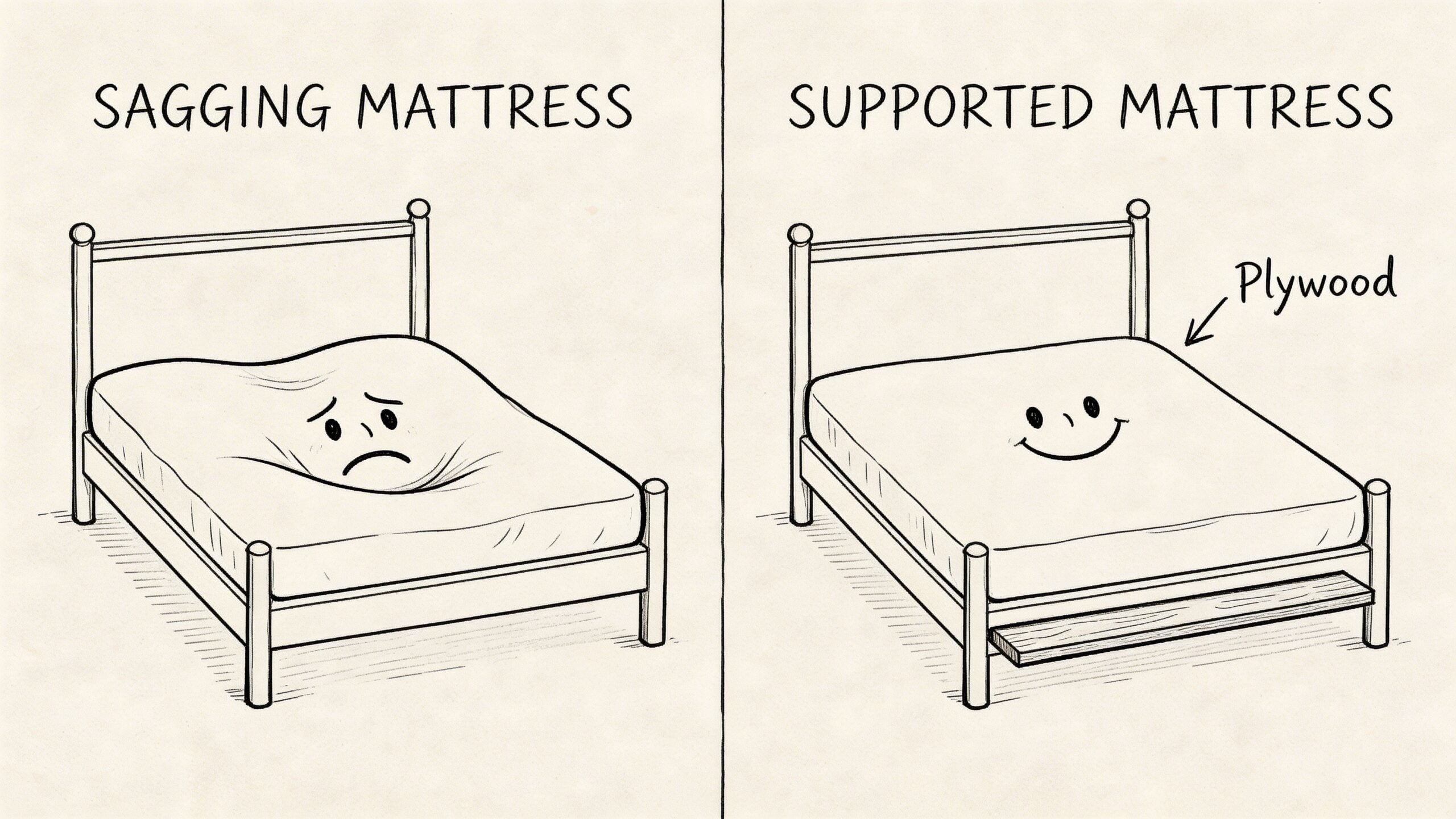 A line drawing illustration comparing a sagging mattress on a bed to a supported mattress with plywood.