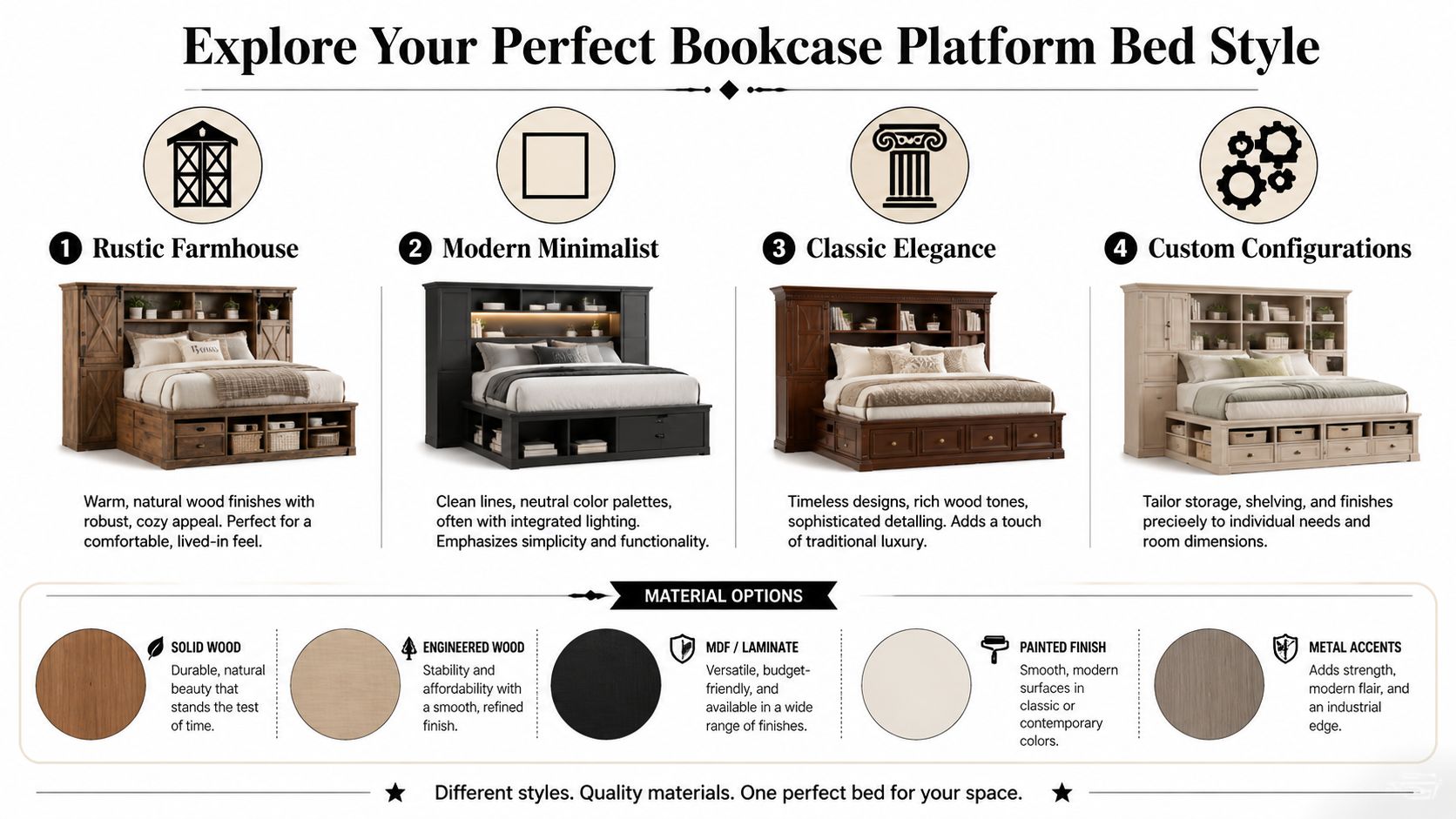 A graphic guide illustrating four different styles of bookcase platform beds and available material finish options.