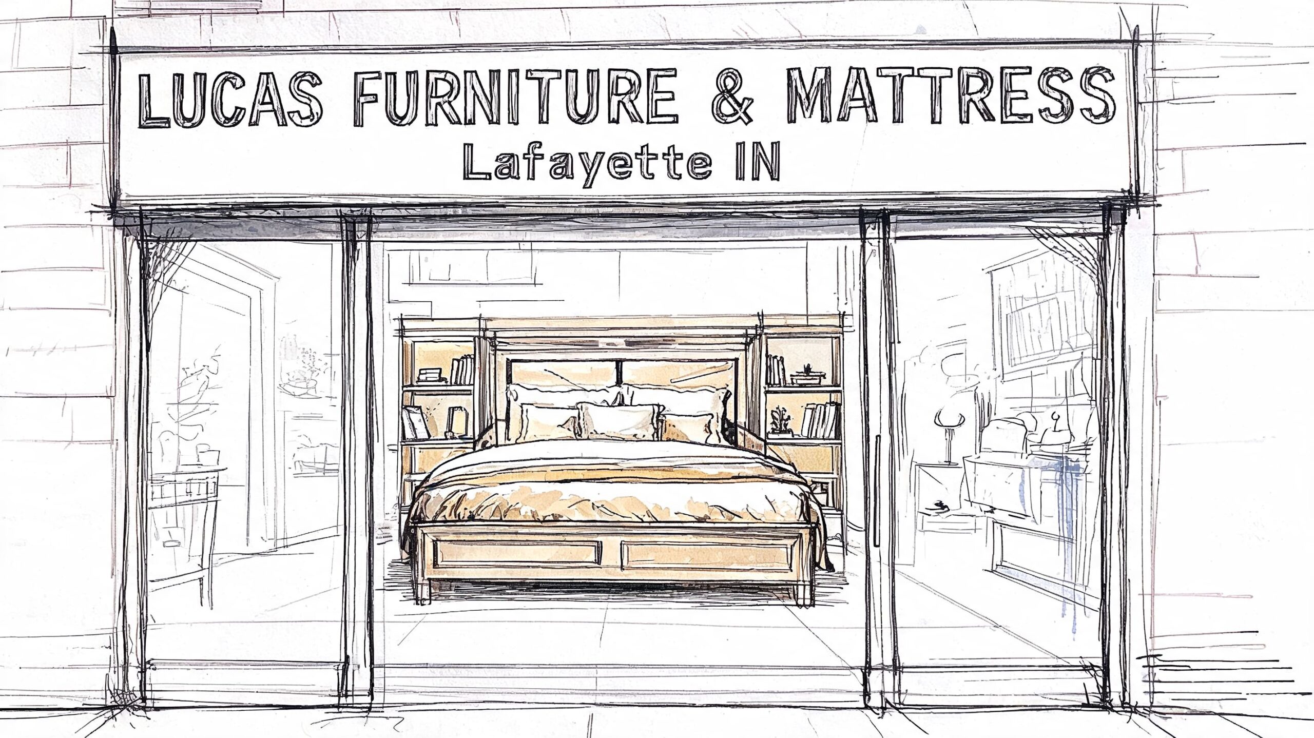 A hand-drawn sketch of a furniture store front named Lucas Furniture & Mattress featuring a bed.