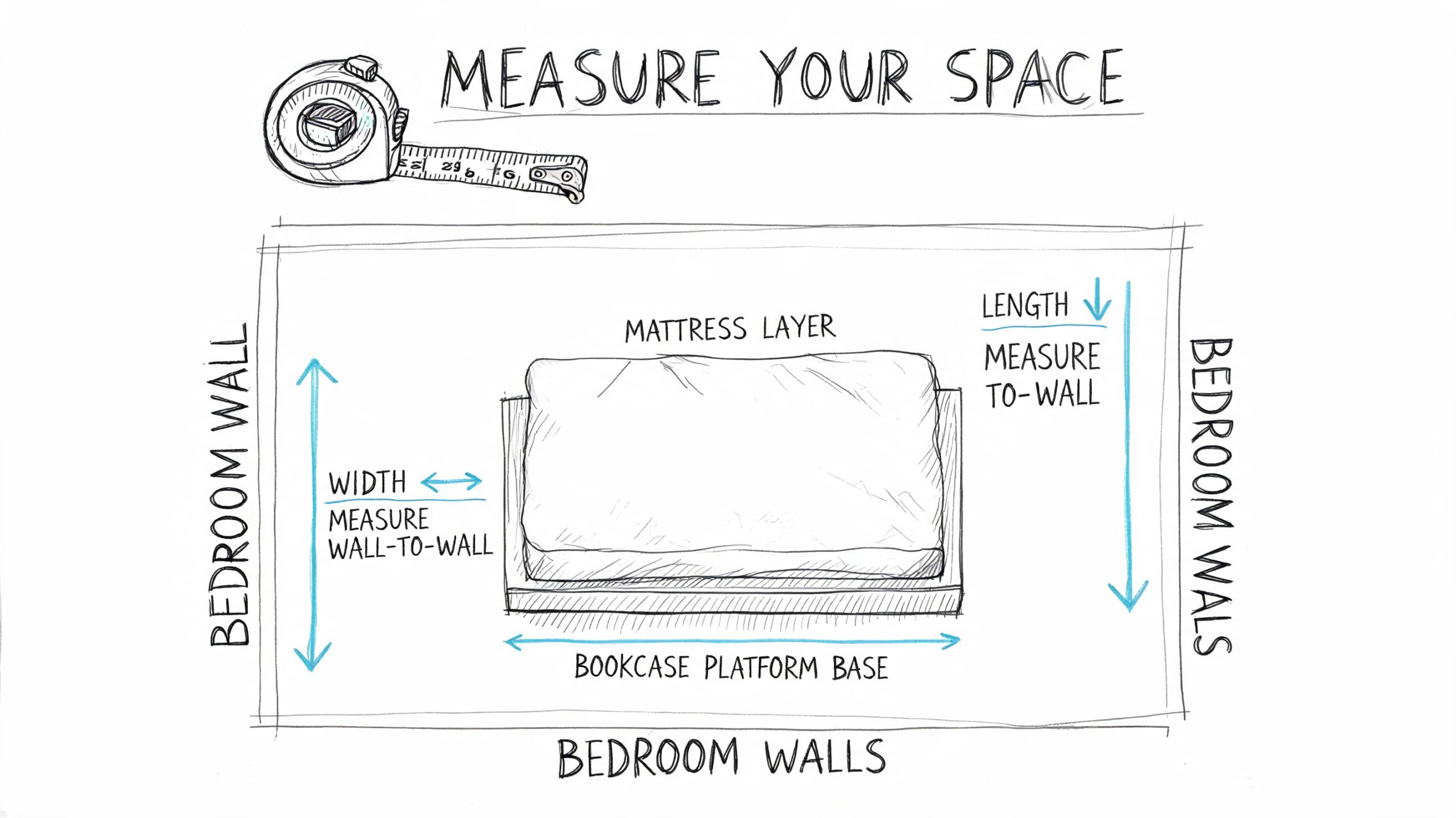 A diagram illustrating how to measure bedroom floor space for a mattress on a bookcase platform bed.
