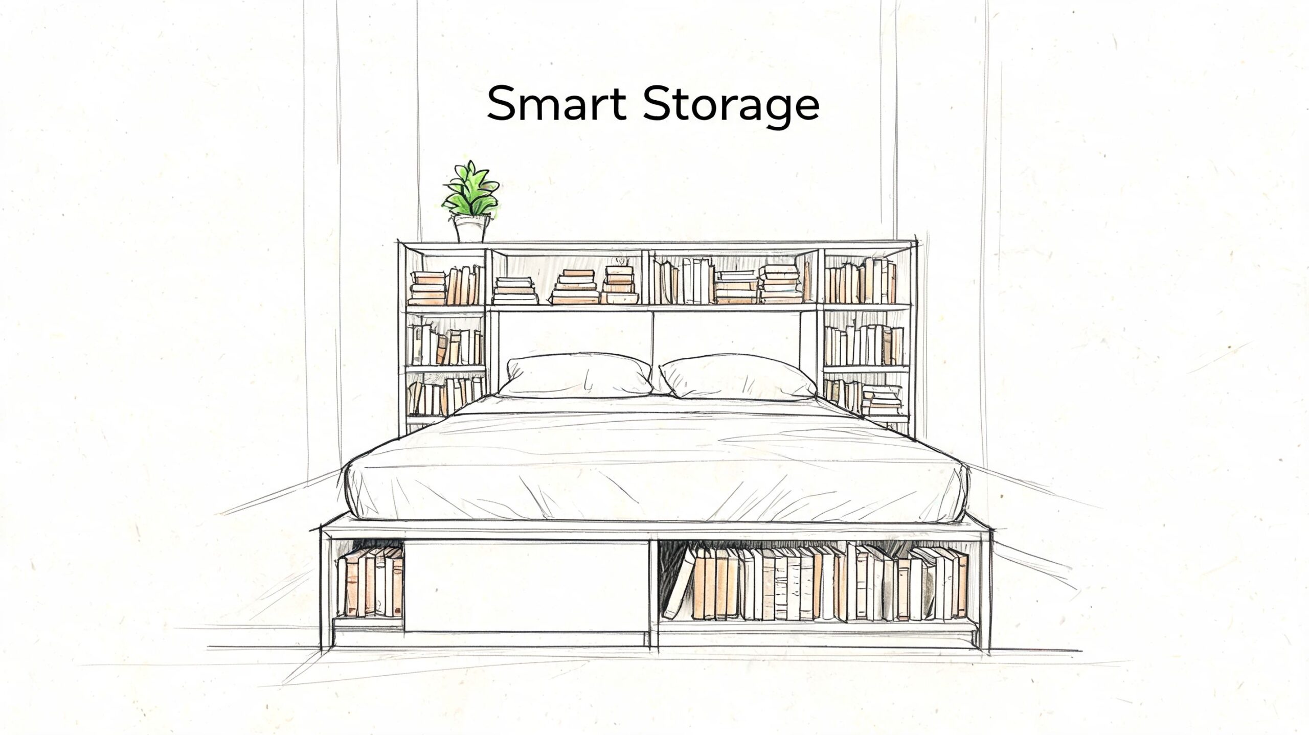 A line drawing sketch of a smart storage platform bed with integrated headboard and base bookshelves.