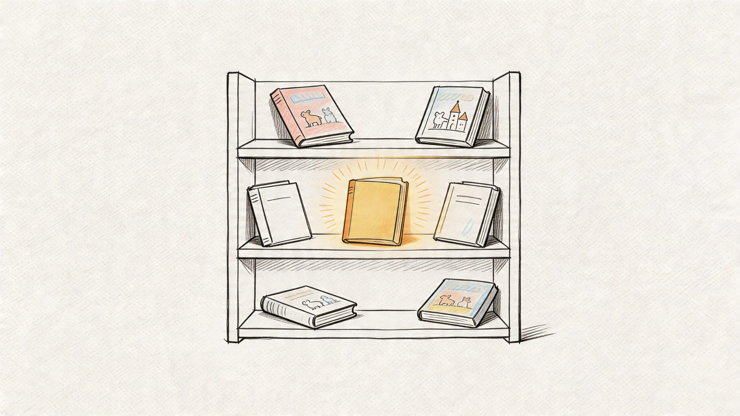 A hand-drawn illustration of a bookshelf with three tiers holding various illustrated children's books and one glowing book.