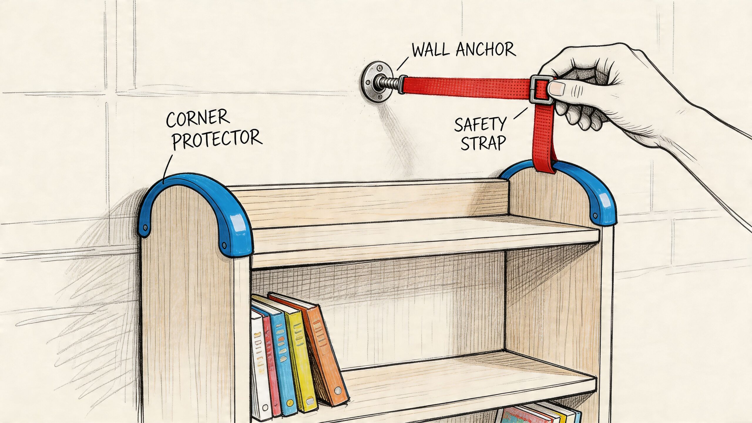 A hand secures a red safety strap connecting a child's wooden bookshelf to a wall anchor.