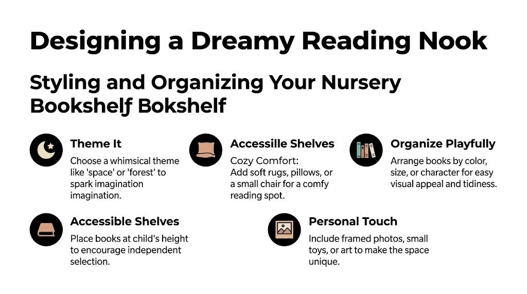 An infographic titled Designing a Dreamy Reading Nook offering tips for styling and organizing nursery bookshelves.