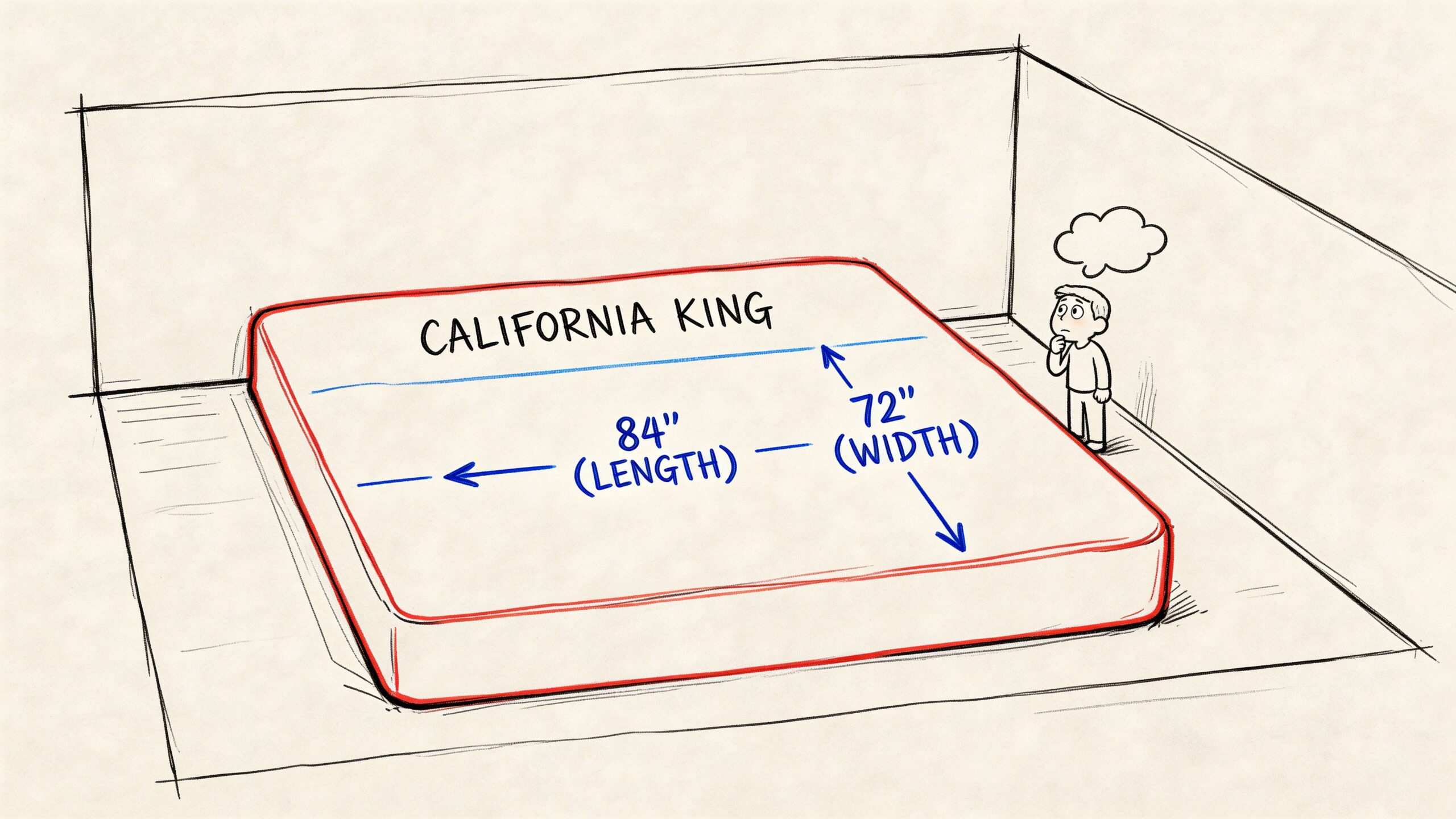 A line drawing illustration showing a California king bed with its length and width dimensions clearly marked.