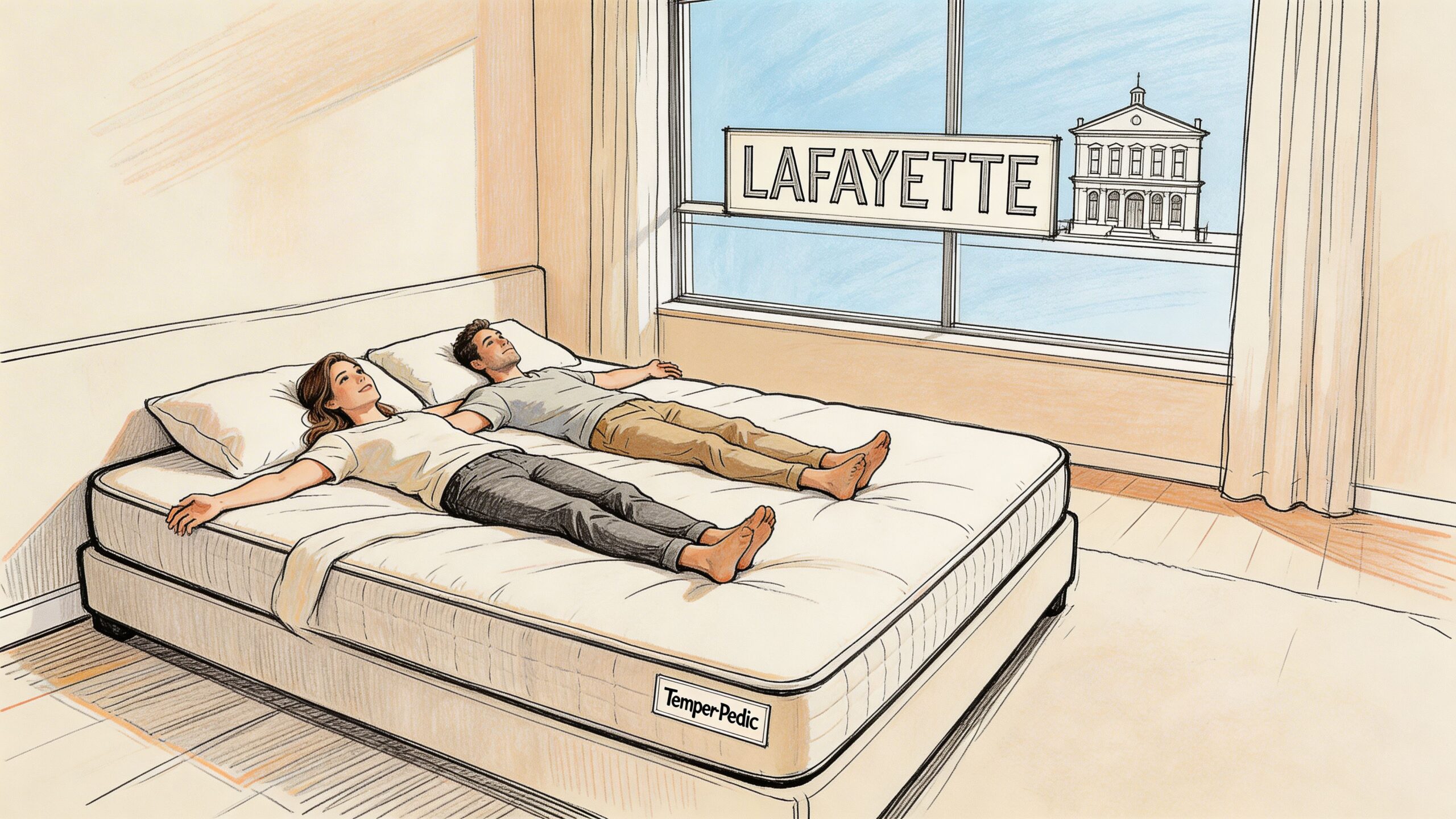 A couple lying comfortably on a large Tempur-Pedic mattress near a window overlooking a cityscape.