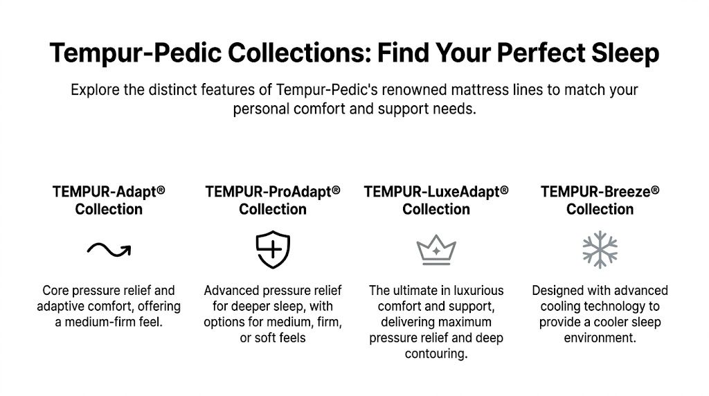 A list describing the four Tempur-Pedic mattress collections including their unique comfort and support features.