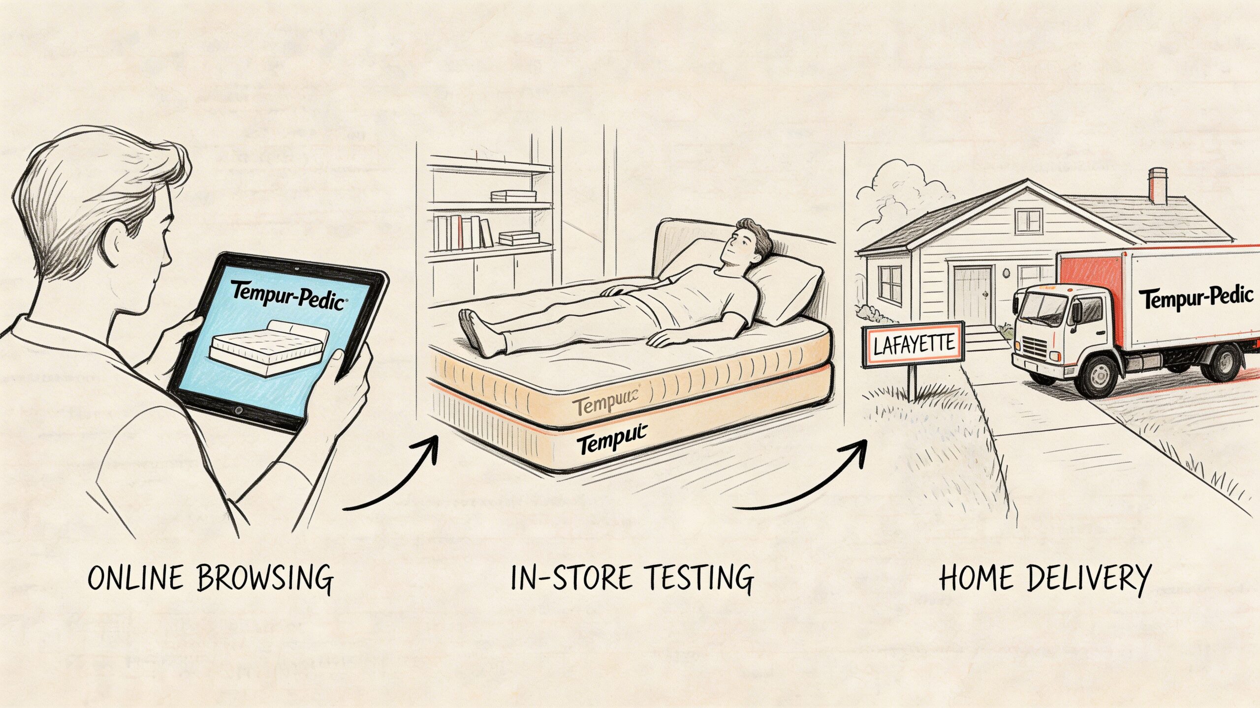 A hand-drawn illustration showing the customer journey of purchasing a Tempur-Pedic mattress from browsing to delivery.