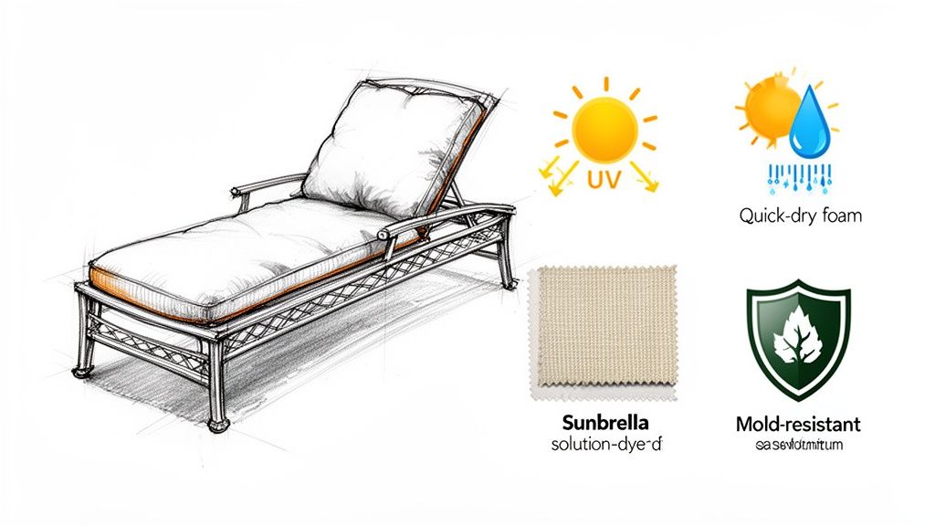 Detailed sketch of a cast aluminum patio chaise lounge highlighting UV protection, quick-dry foam, Sunbrella fabric, and mold resistance.
