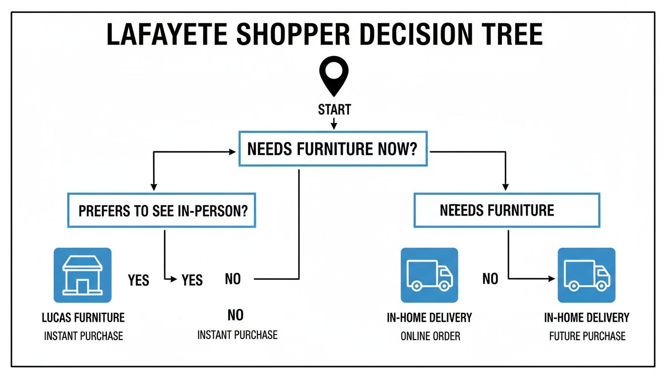 Lafayette Shopper Decision Tree flowchart illustrating furniture purchase options, including in-store and delivery.