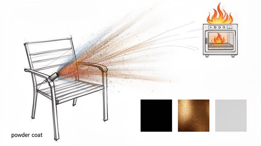 Illustration depicting the powder coating process on a metal chair, showing application, oven curing, and color samples.