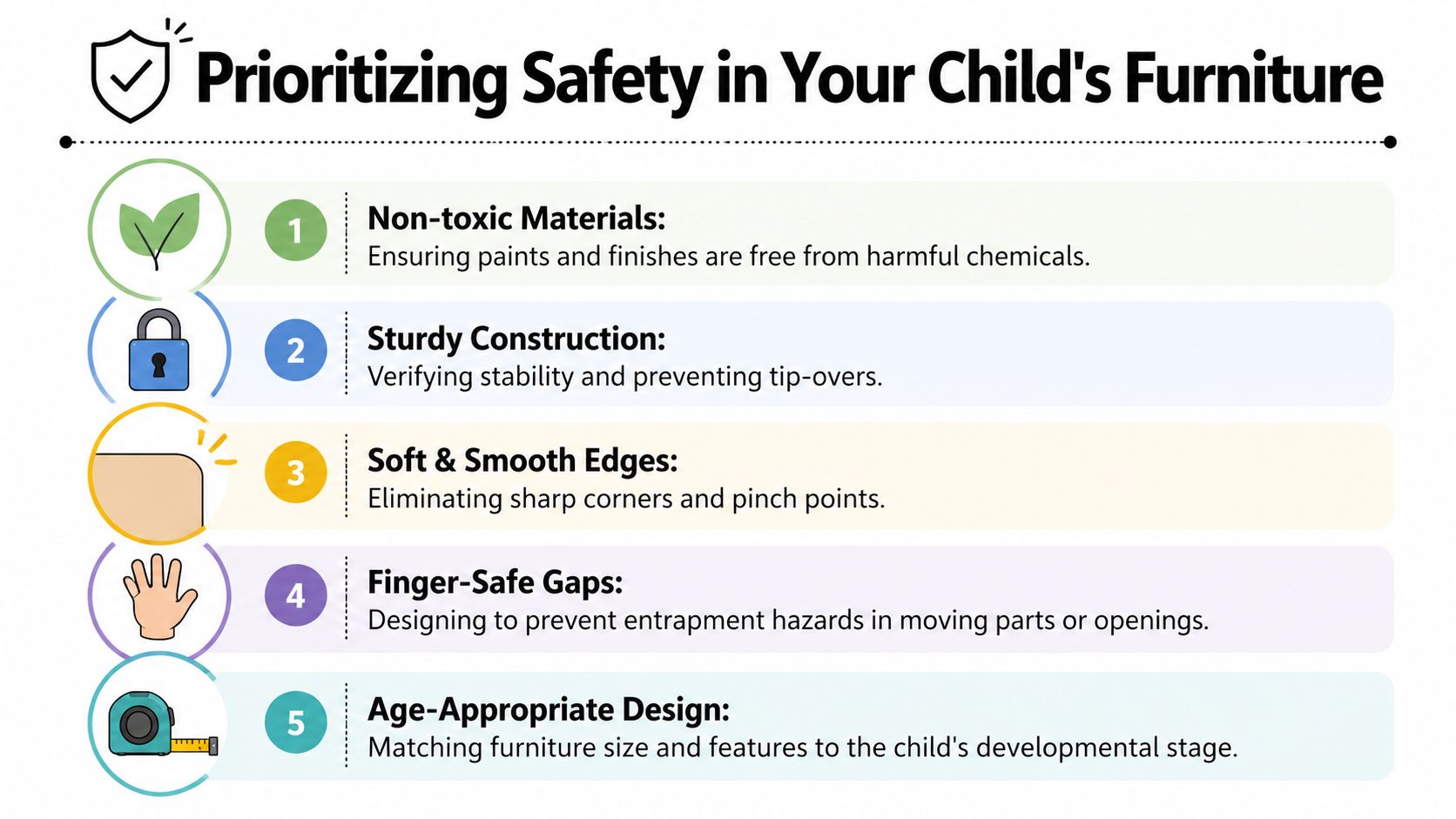 An infographic titled Prioritizing Safety in Your Child's Furniture listing five key safety tips for furniture.