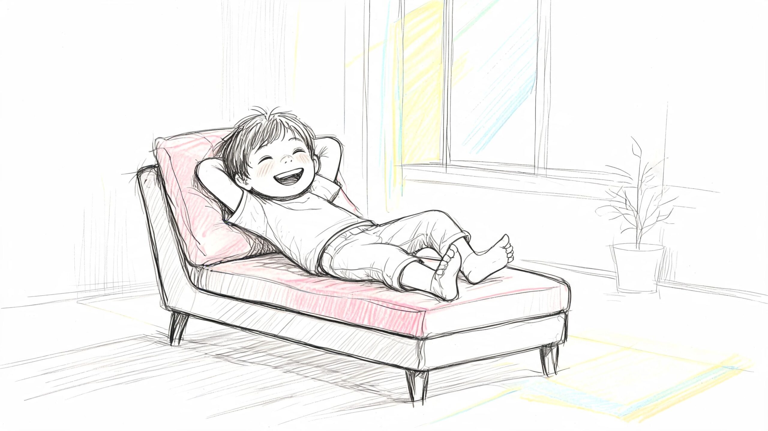 A pencil sketch of a happy young boy relaxing on a comfortable chaise lounge near a window.
