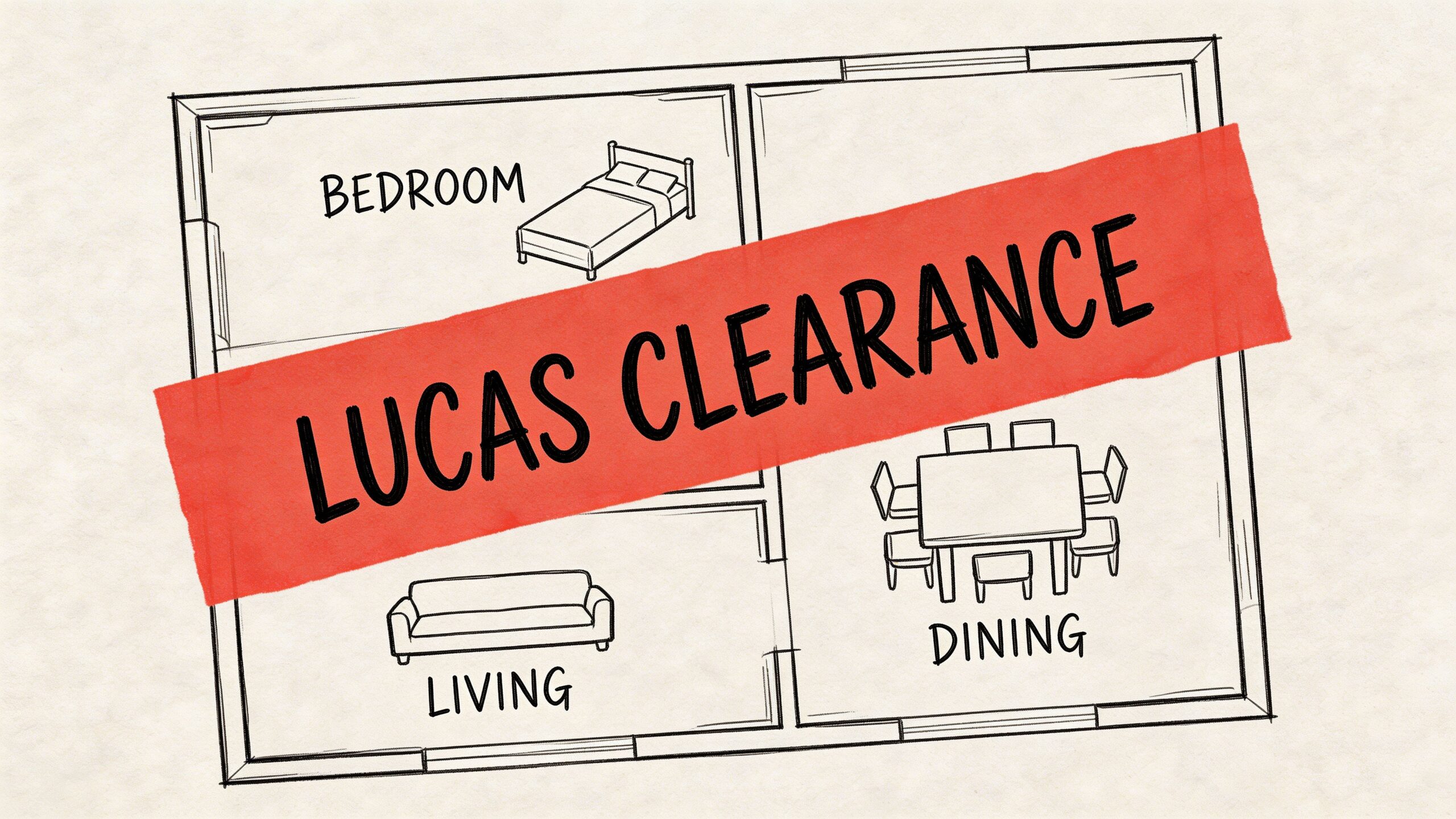 A hand-drawn floor plan of a home with a red banner overlaying it reading Lucas Clearance.