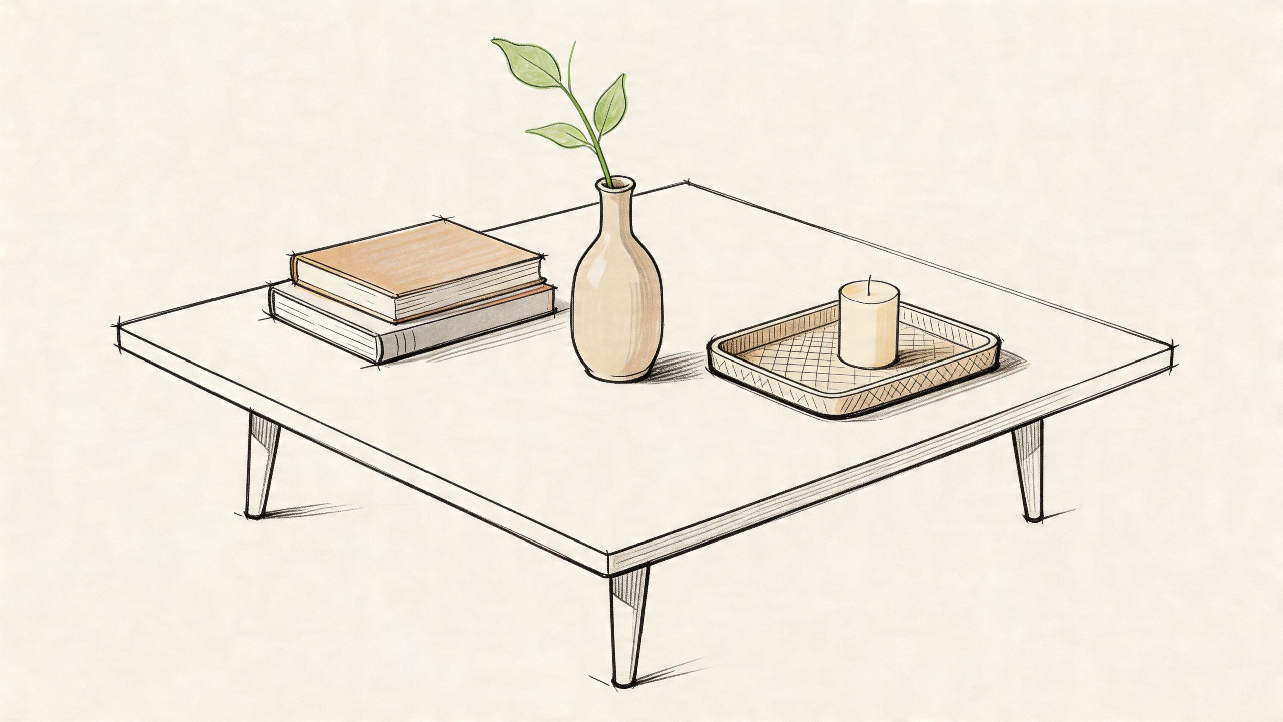 A minimalist line-drawn illustration of a contemporary square coffee table styled with books, a vase, and candle.